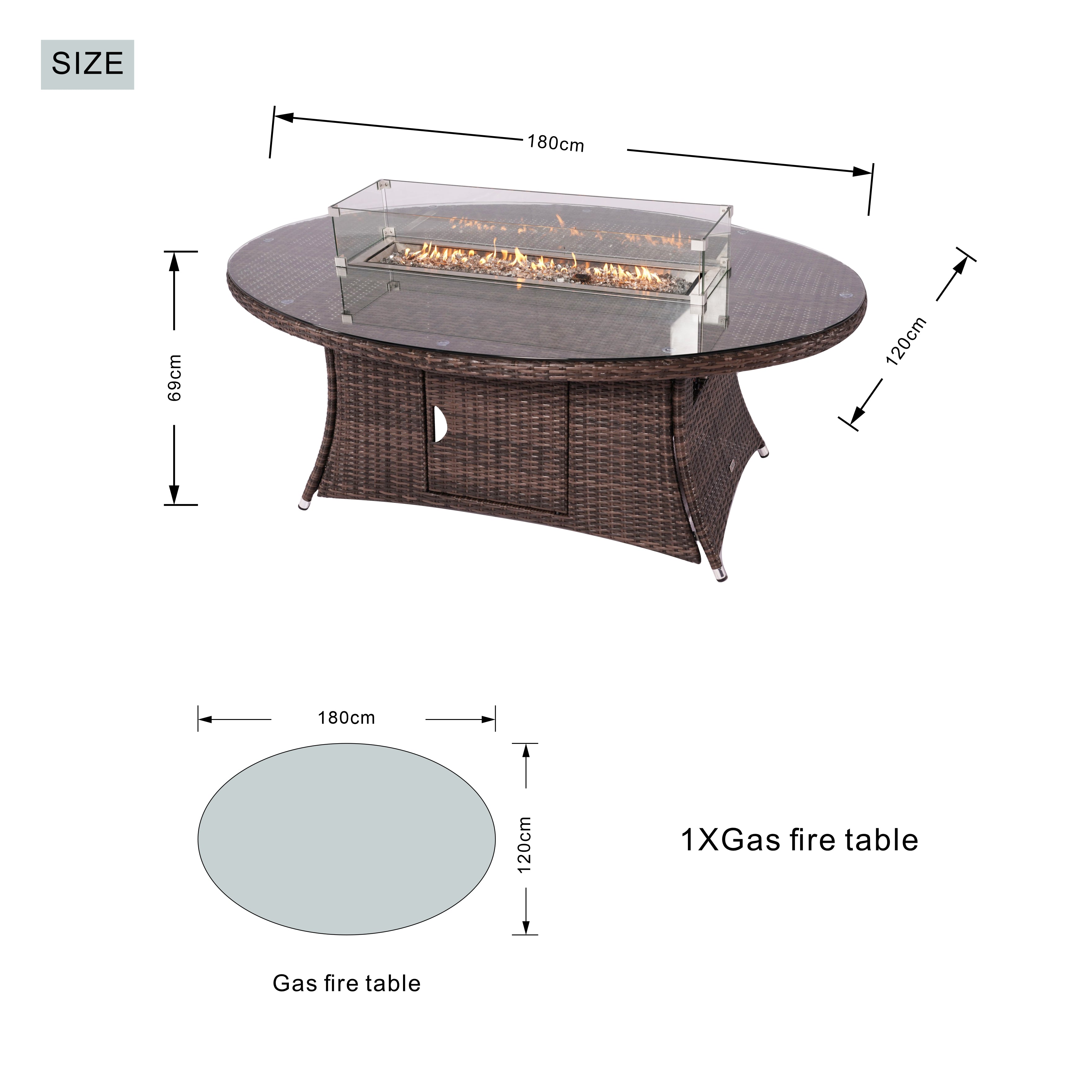 Direct Wicker 7-Piece Aluminum Rattan Fire Pit Table Set with Glass Wind Guard (PAC-010+1106O)