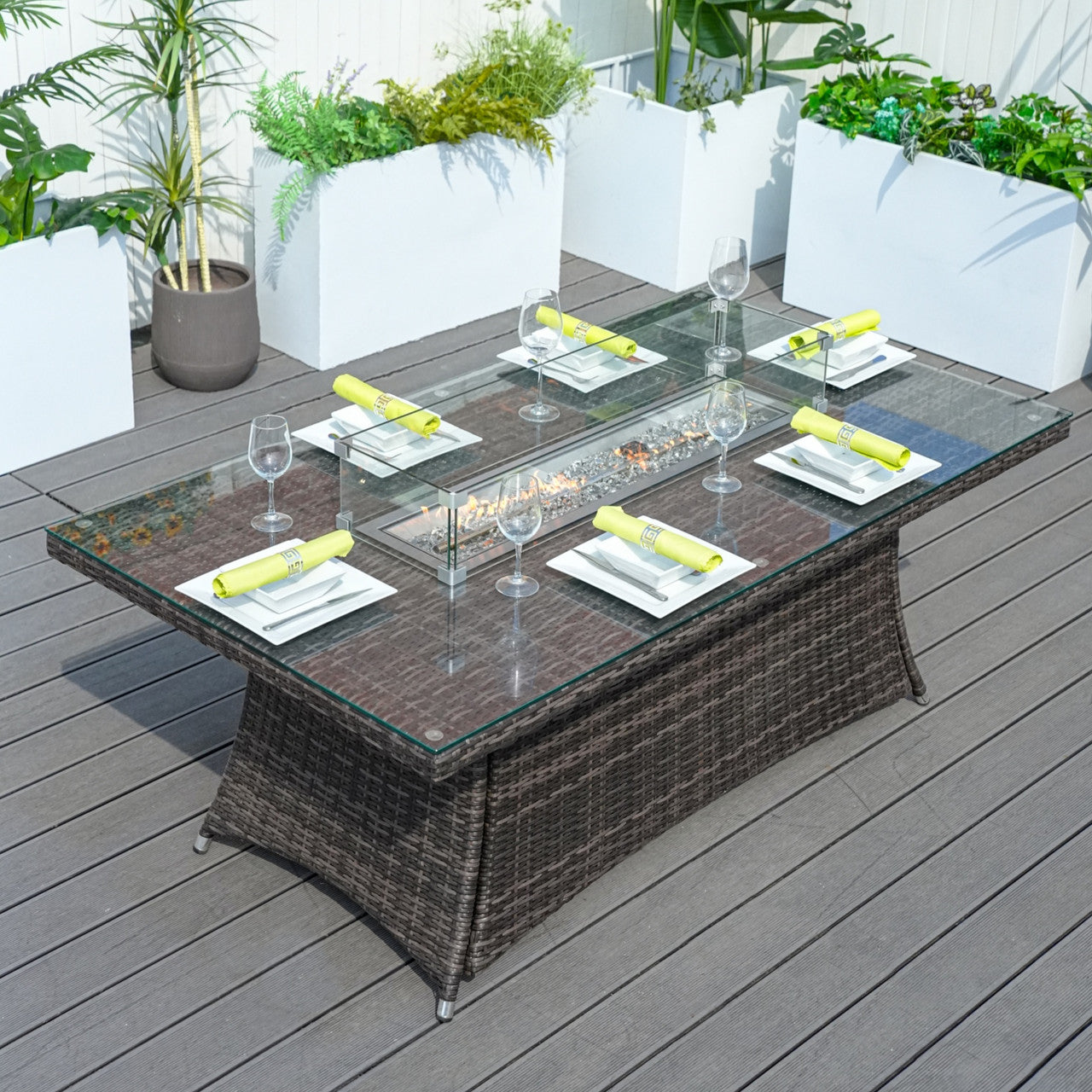 6 Seats Rectangular Fire Pit Table 50000 BTU in Brown