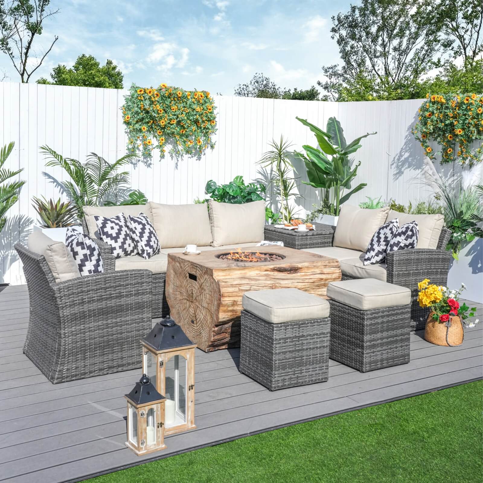 Santiago 7-Pieces Fire Pit Set with TerraFlame Rectangle Fire Pit Table (PAG-1403B+2170)