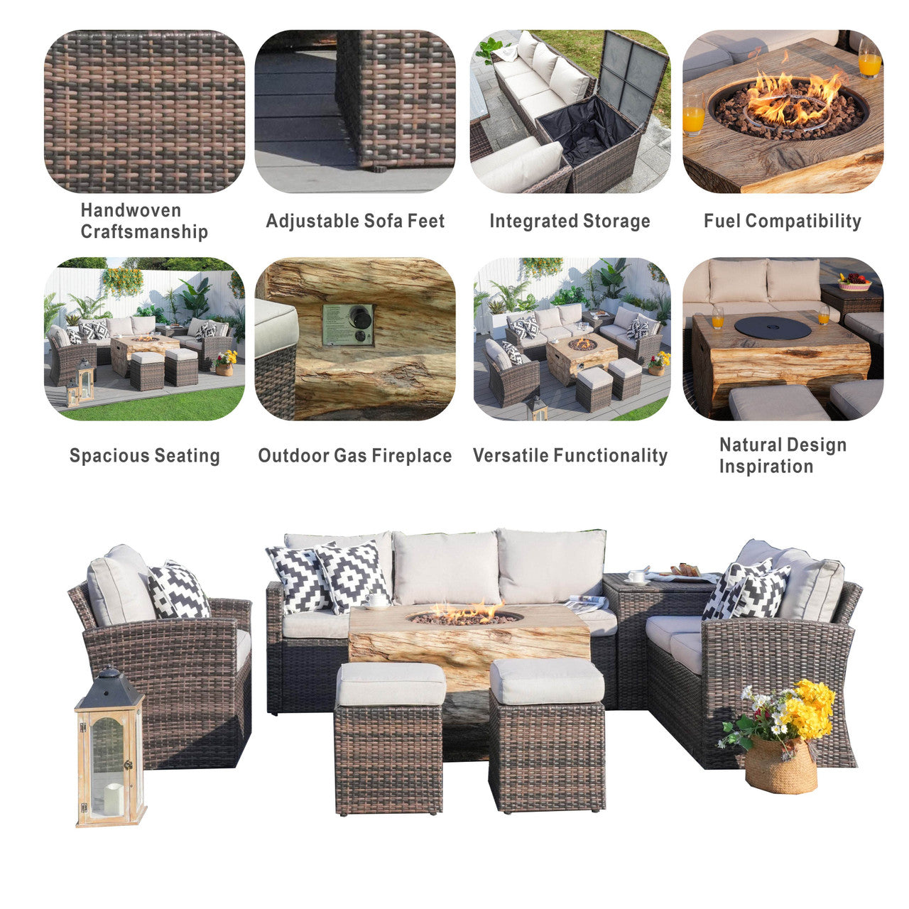 Santiago 7-Pieces Fire Pit Set with TerraFlame Rectangle Fire Pit Table (PAG-1403B+2170)