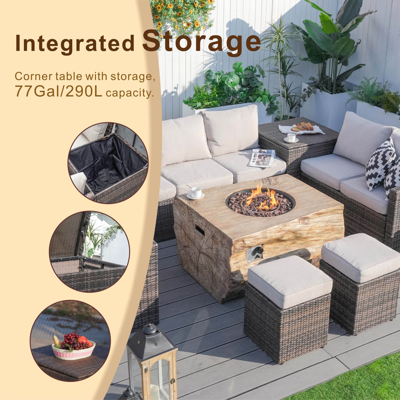 Santiago 7-Pieces Fire Pit Set with TerraFlame Rectangle Fire Pit Table (PAG-1403B+2170)
