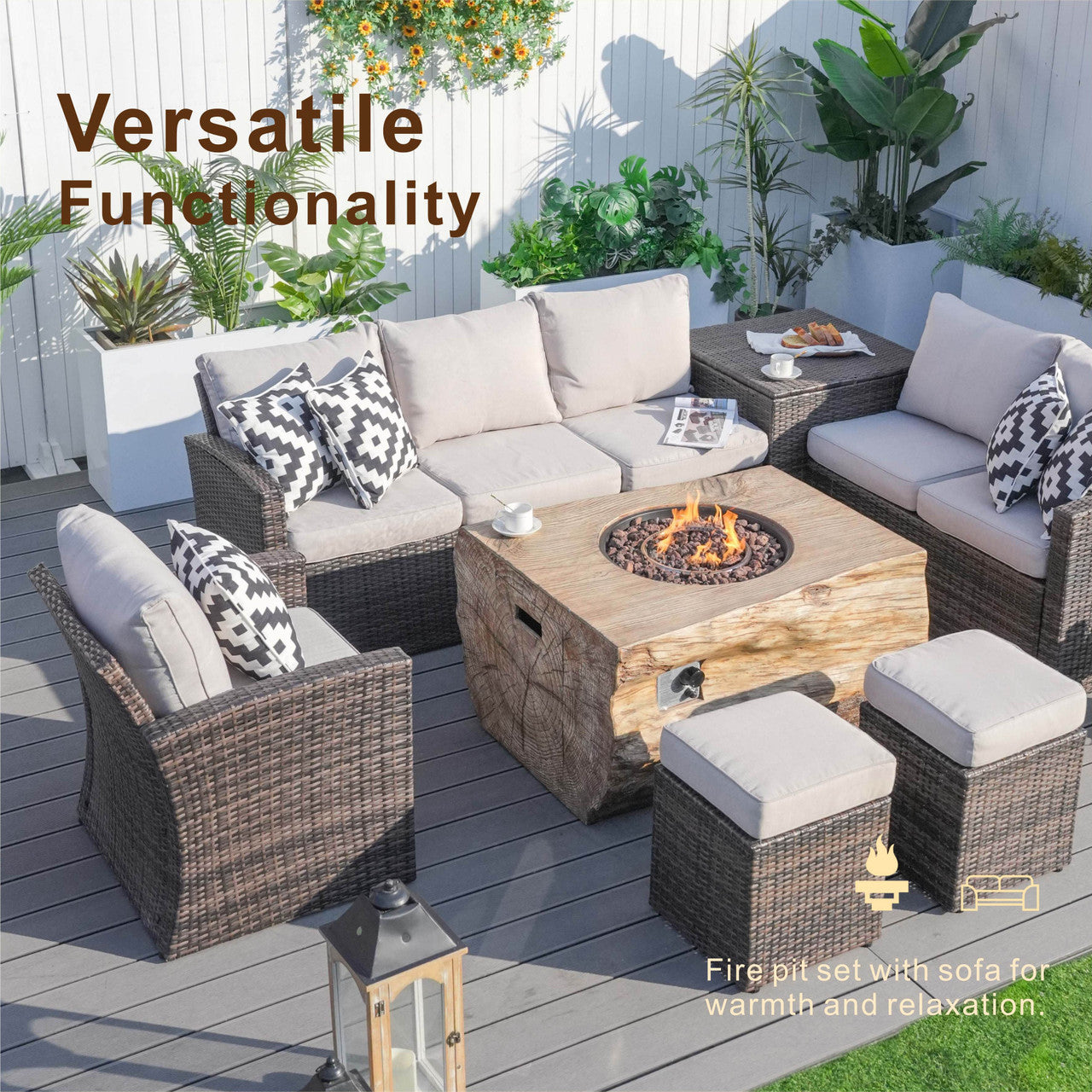 Santiago 7-Pieces Fire Pit Set with TerraFlame Rectangle Fire Pit Table (PAG-1403B+2170)