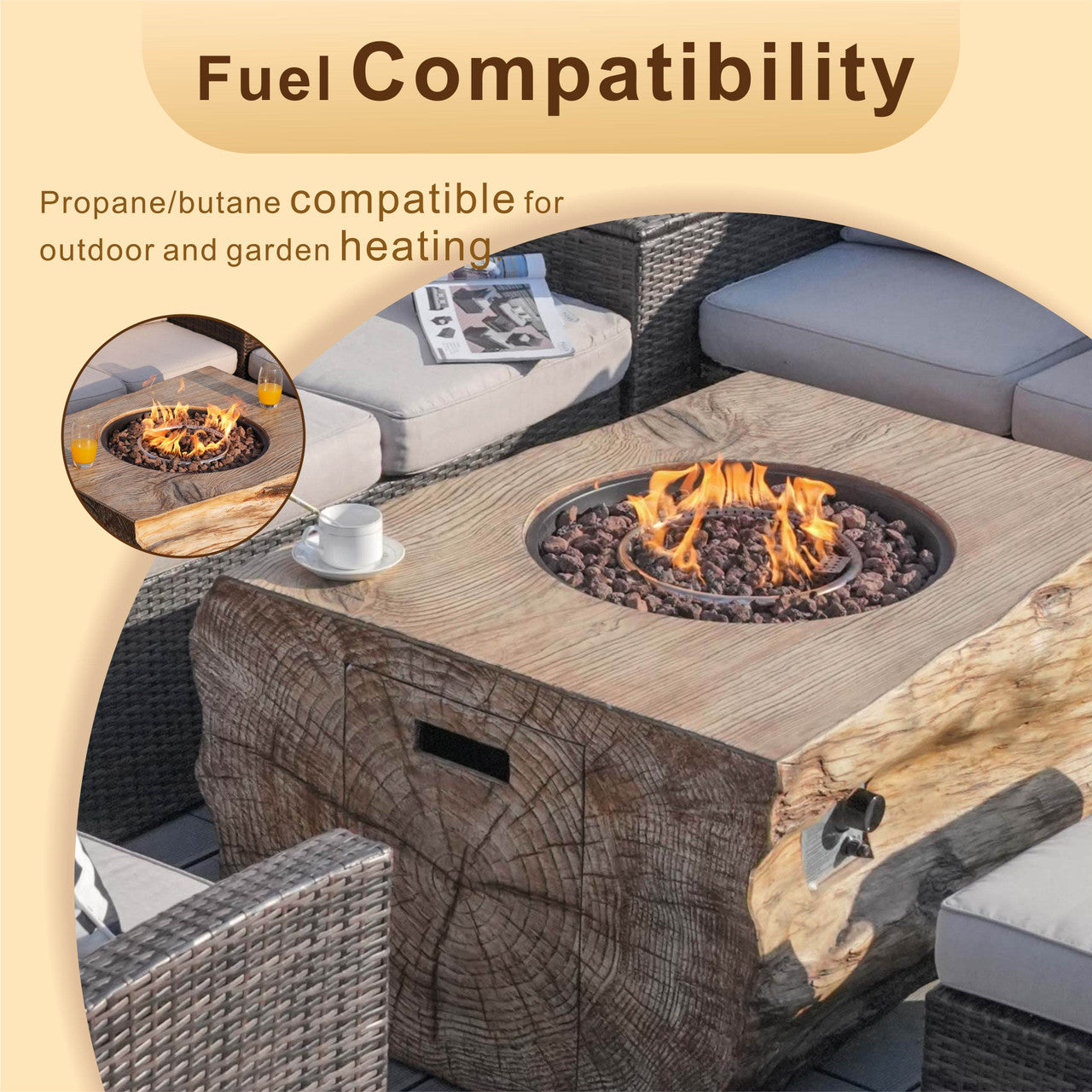 Santiago 7-Pieces Fire Pit Set with TerraFlame Rectangle Fire Pit Table (PAG-1403B+2170)
