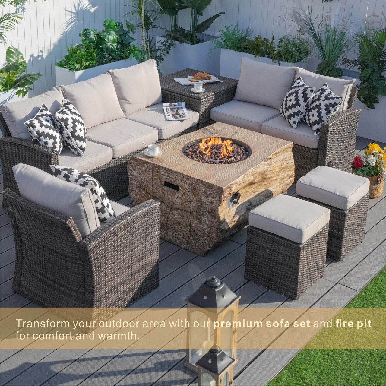 Santiago 7-Pieces Fire Pit Set with TerraFlame Rectangle Fire Pit Table (PAG-1403B+2170)