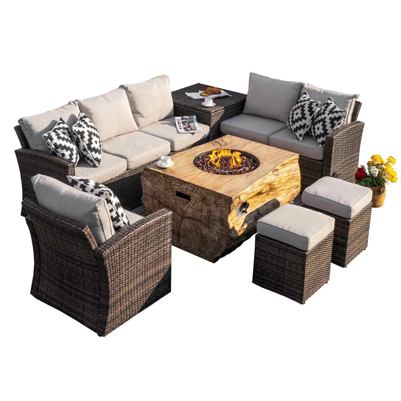 Santiago 7-Pieces Fire Pit Set with TerraFlame Rectangle Fire Pit Table (PAG-1403B+2170)