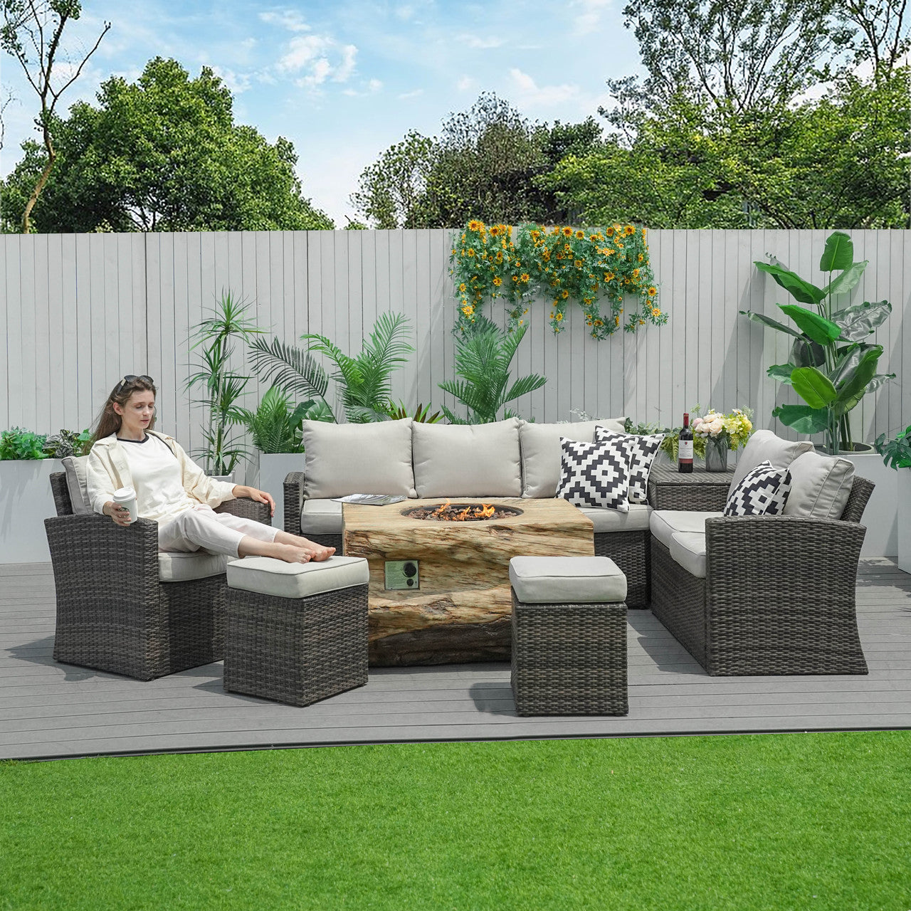 Santiago 7-Pieces Fire Pit Set with TerraFlame Rectangle Fire Pit Table (PAG-1403B+2170)