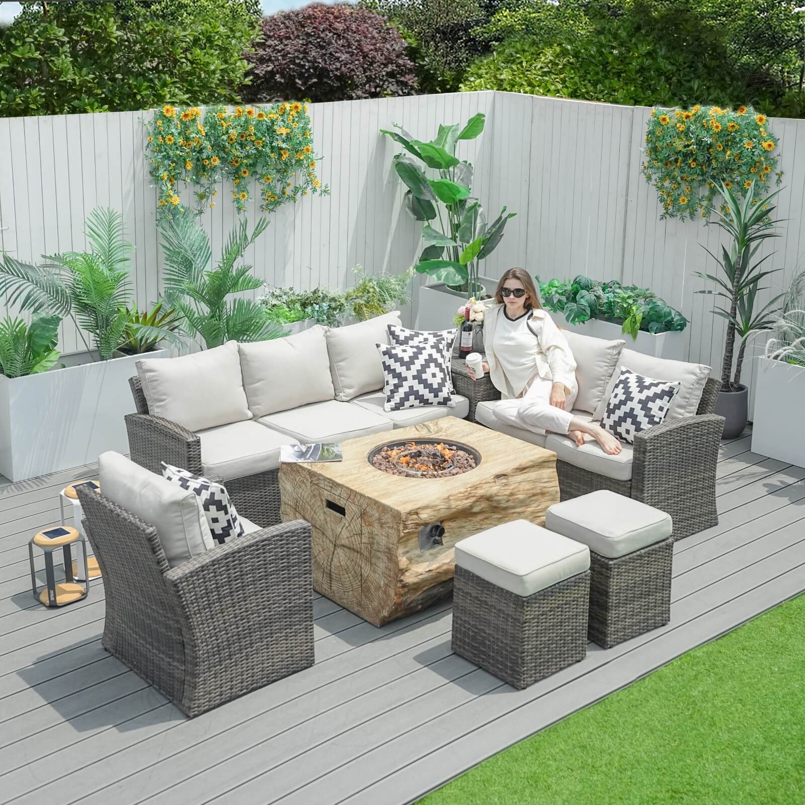 Santiago 7-Pieces Fire Pit Set with TerraFlame Rectangle Fire Pit Table (PAG-1403B+2170)