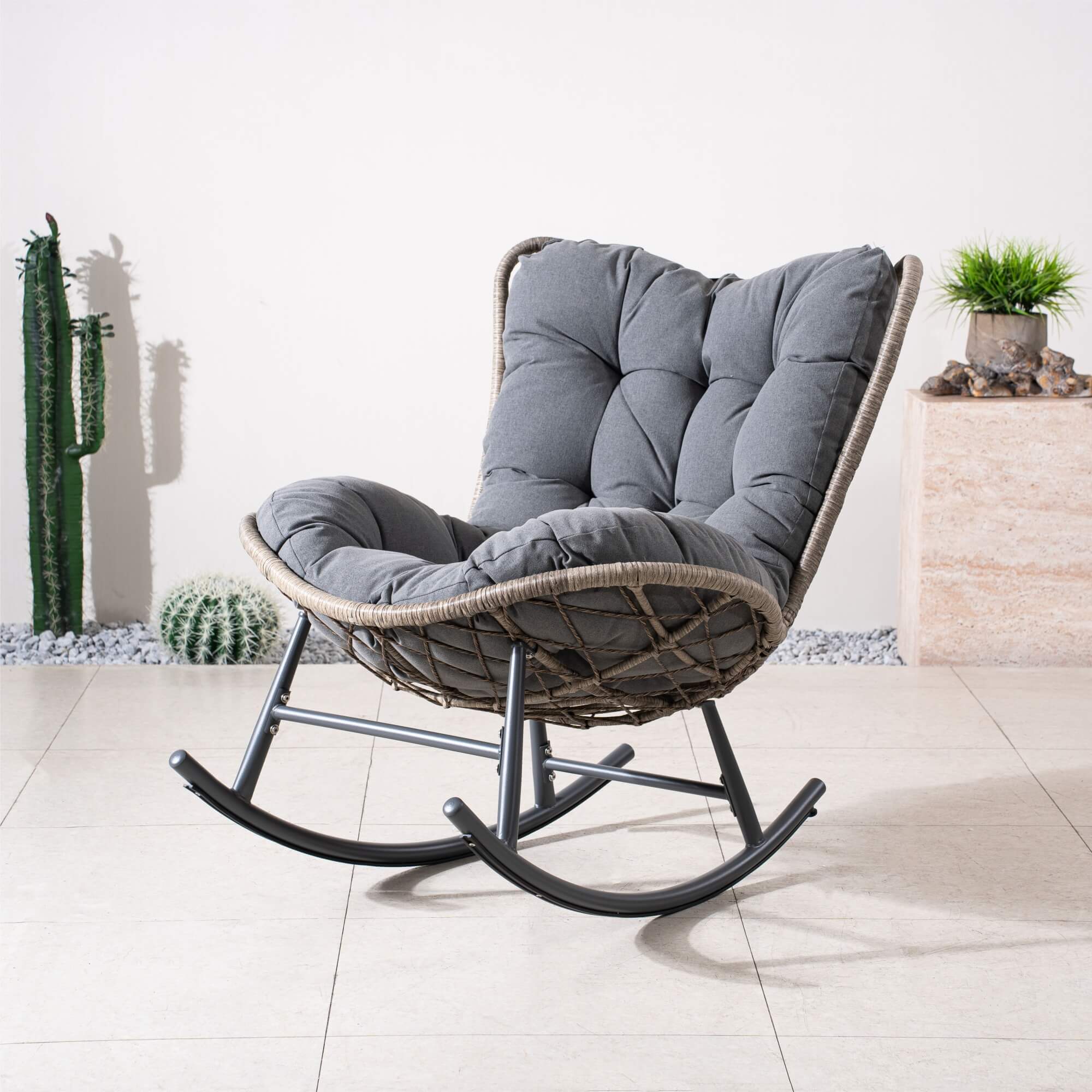 Iron Rocking Chair with Detachable Base and  Thickened Cushioned Seat – Gray Sand Texture