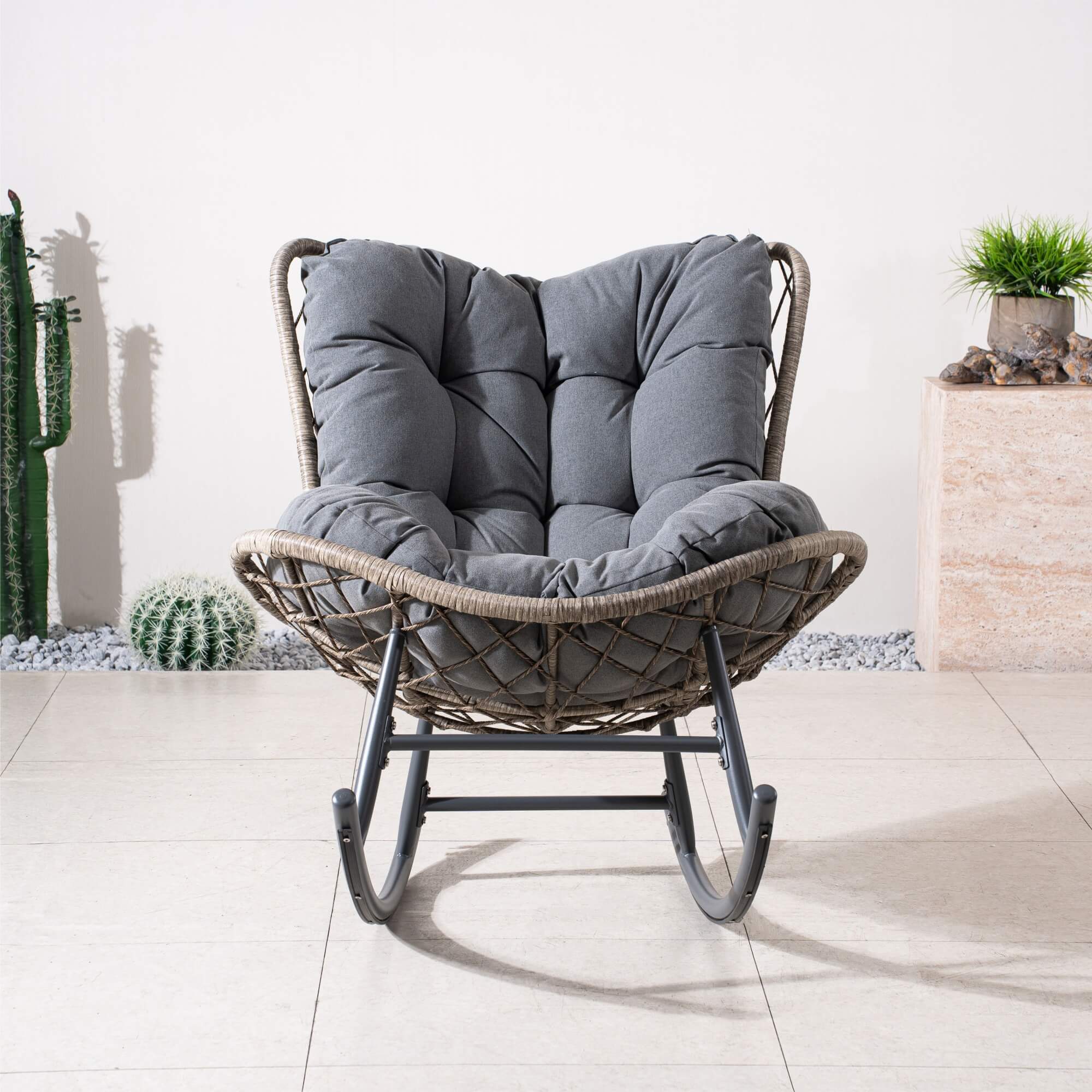 Iron Rocking Chair with Detachable Base and  Thickened Cushioned Seat – Gray Sand Texture