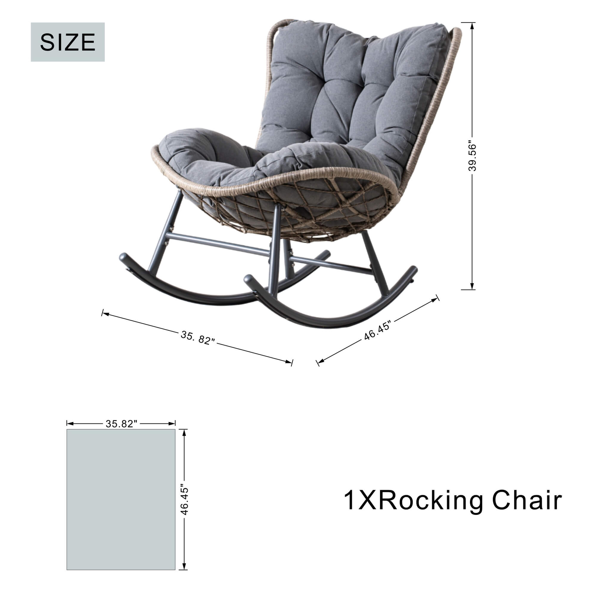Iron Rocking Chair with Detachable Base and  Thickened Cushioned Seat – Gray Sand Texture