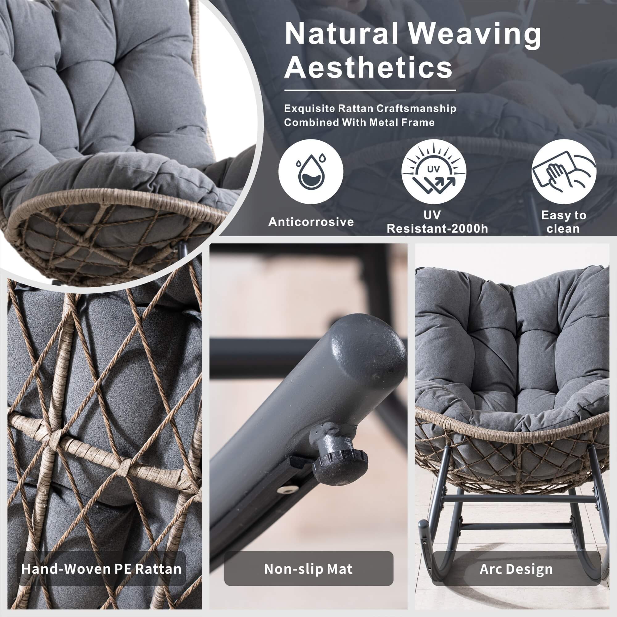 Iron Rocking Chair with Detachable Base and  Thickened Cushioned Seat – Gray Sand Texture