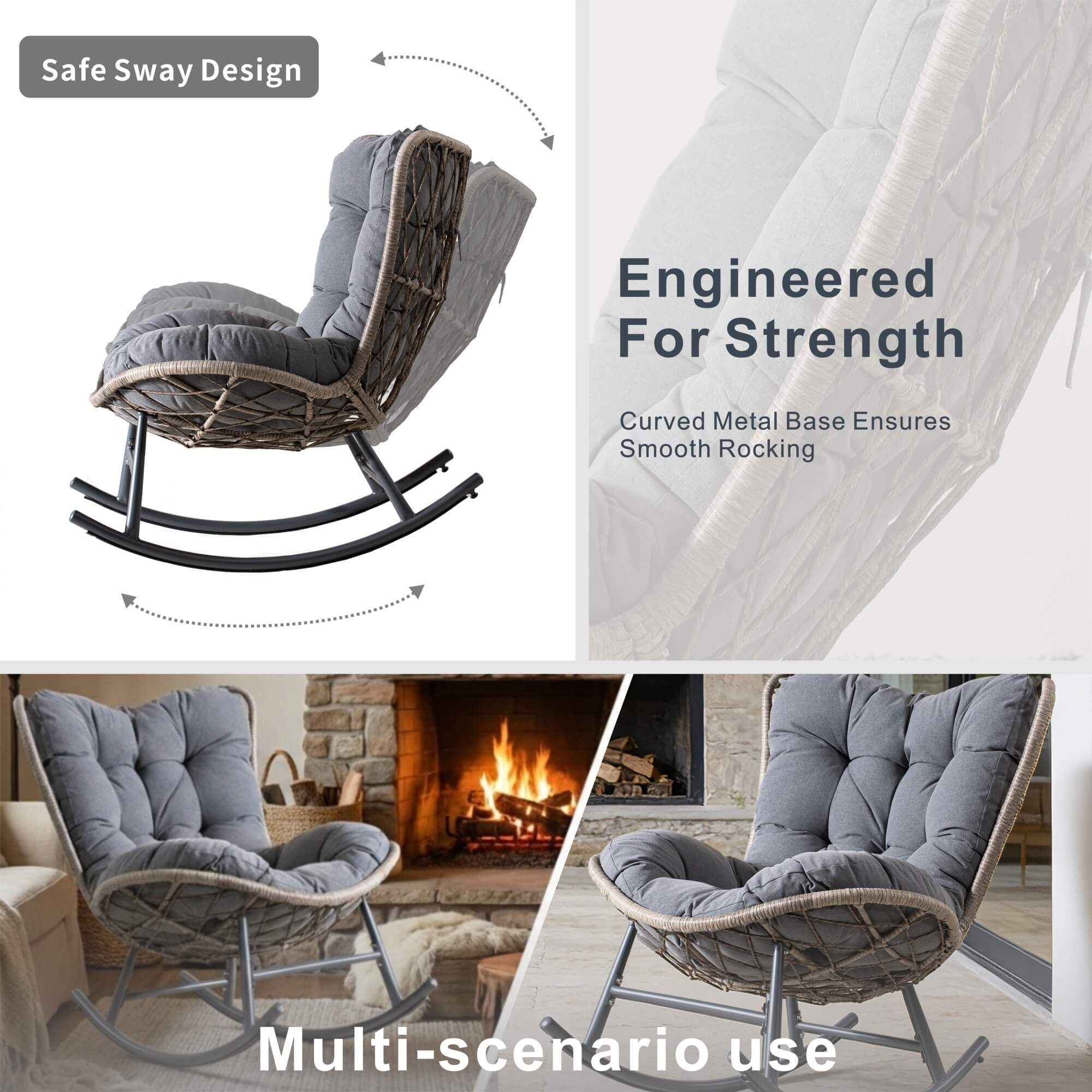Iron Rocking Chair with Detachable Base and  Thickened Cushioned Seat – Gray Sand Texture