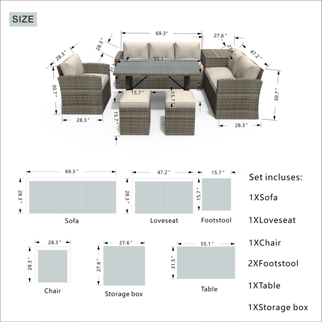 size of Direct Wicker's 8 Seats Outdoor Conversation Set - Patio Sofa Set PAF-1403B 