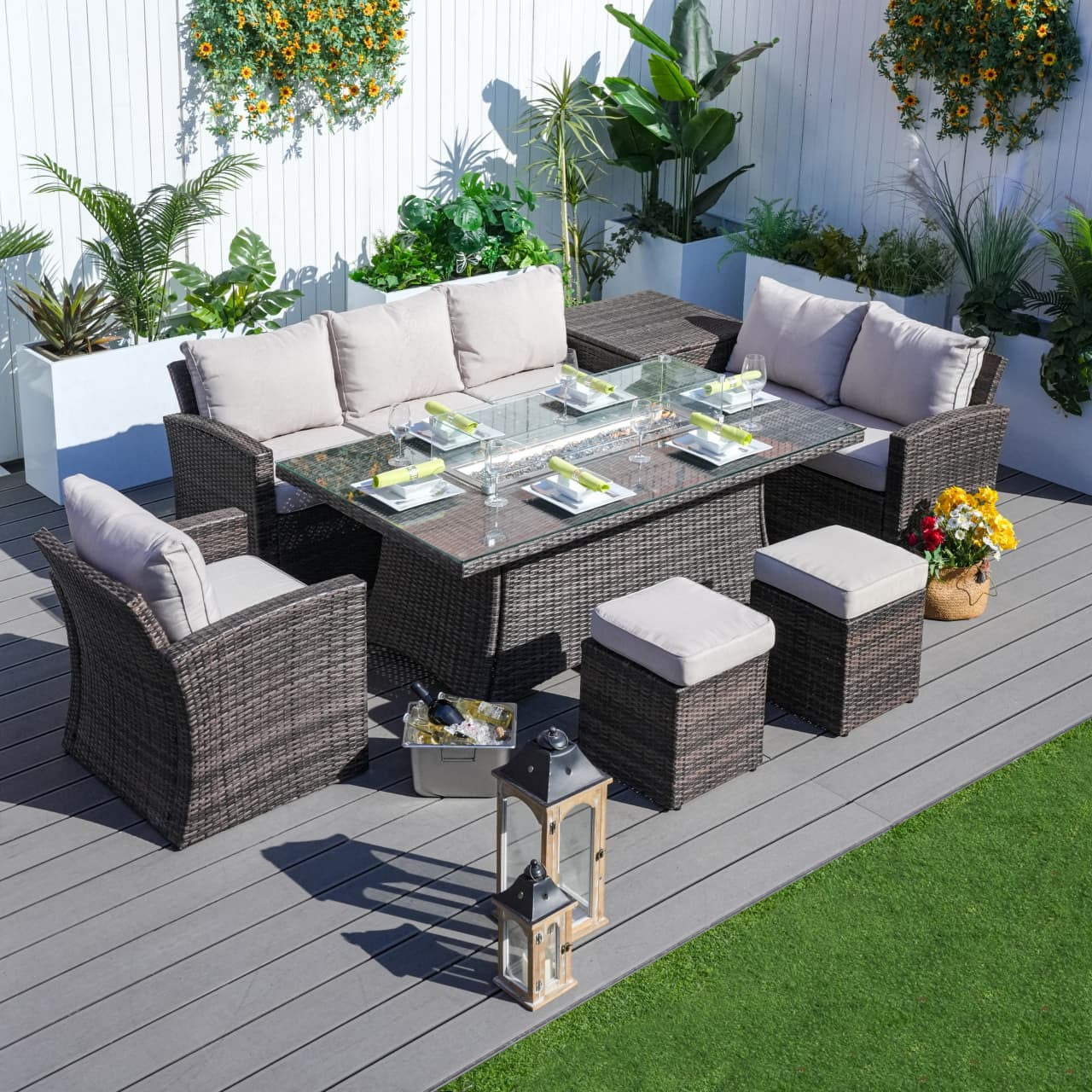 Santiago 6-Pieces Outdoor Conversation Set with Rectangular Firepit Table (PAS-1403B+1106R)