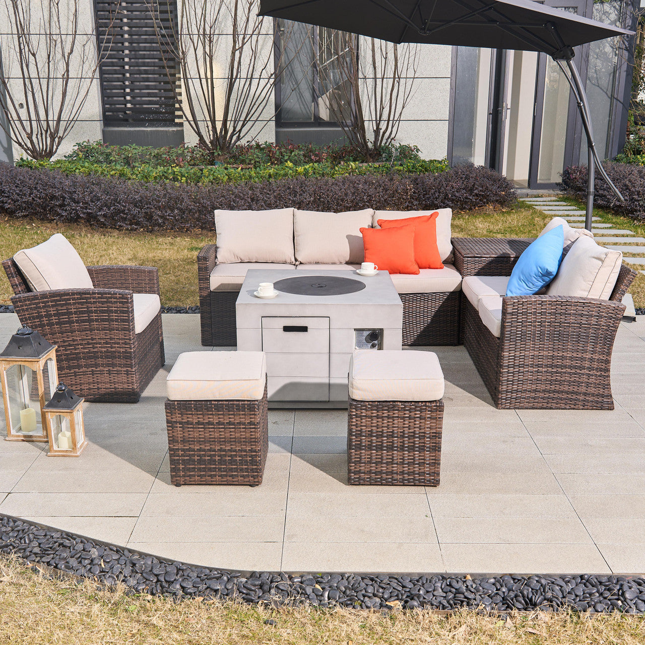 Elegant and durable 8-piece rattan sofa set with a fire pit table, perfect for cozy outdoor gatherings.