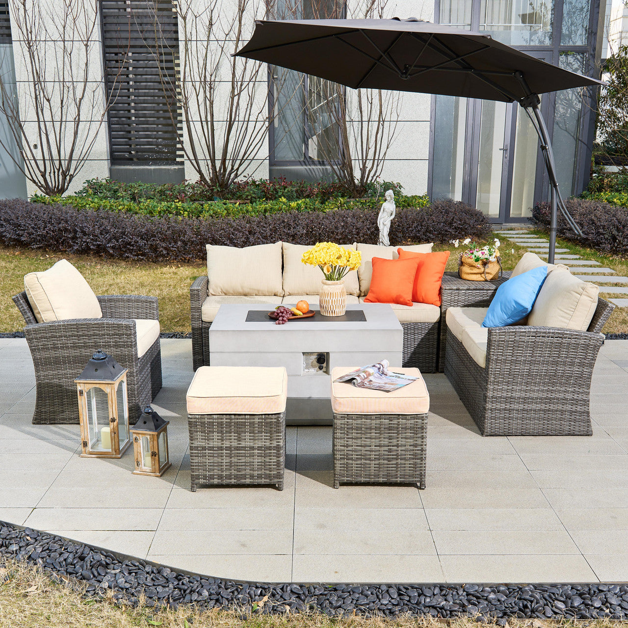 Luxury 8-piece fire pit sofa set for ultimate outdoor comfort.