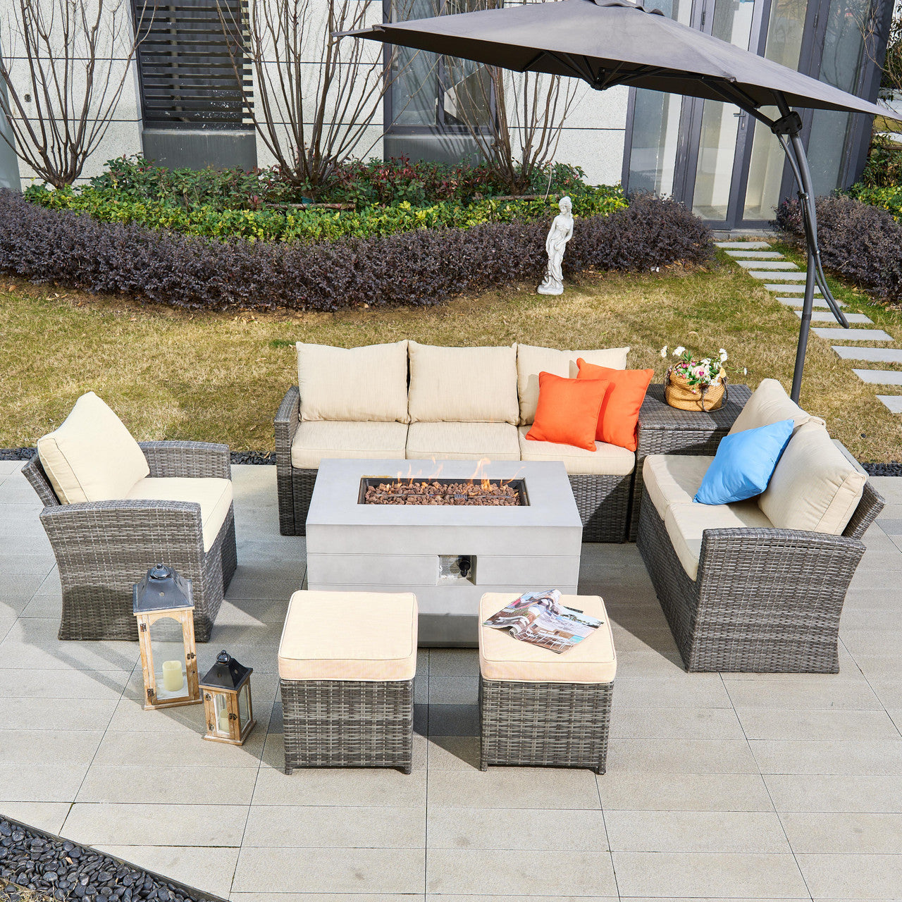 Luxury 8-piece fire pit sofa set for ultimate outdoor comfort.