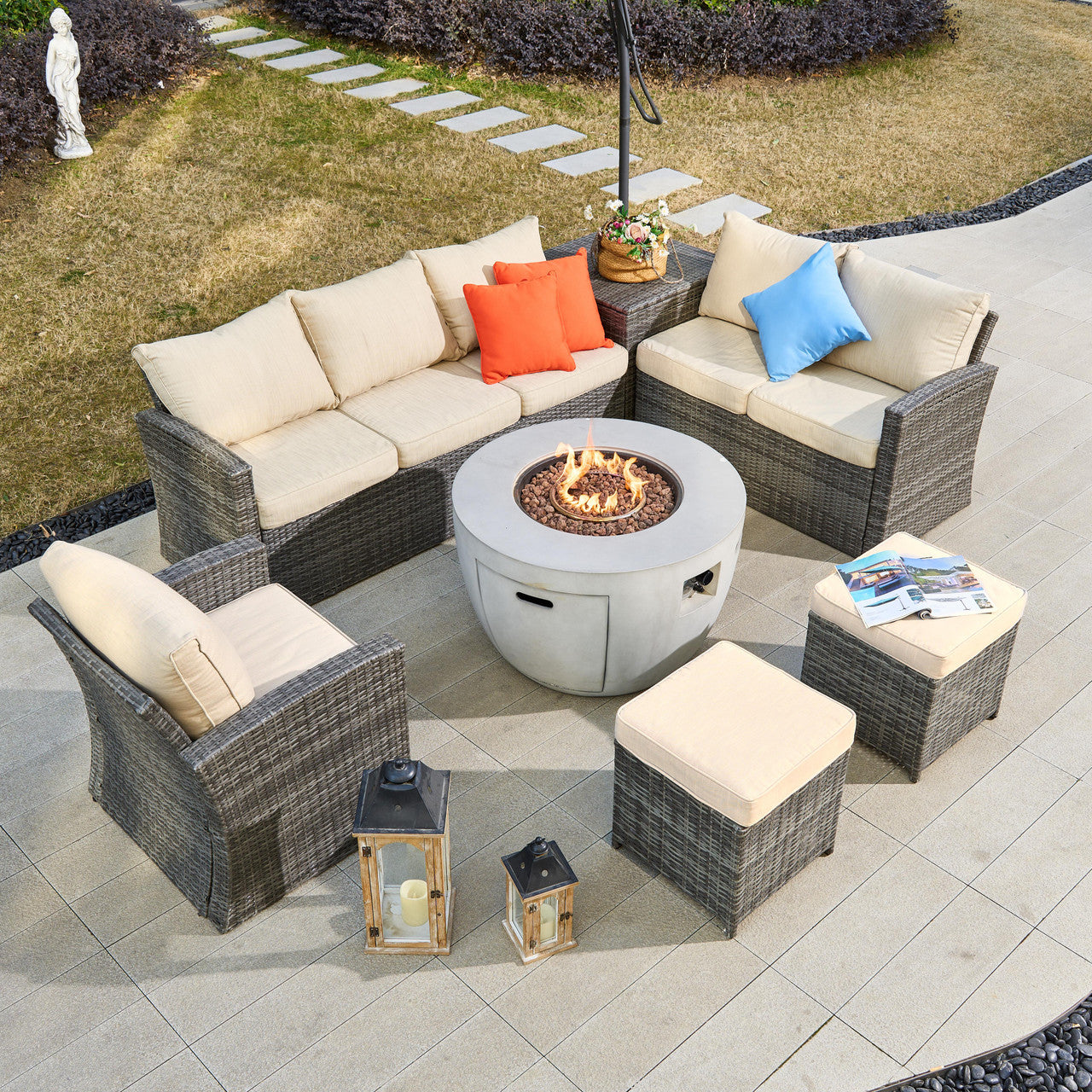 Elegant outdoor sofa set with fire pit table for cozy gatherings.