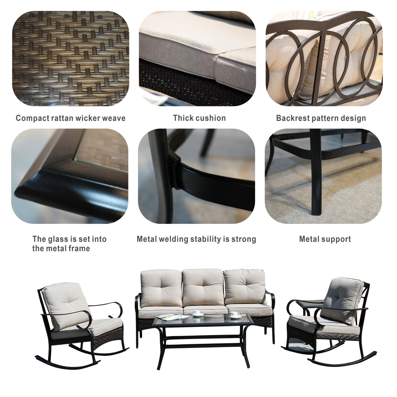 Elegant Rocking Chair and Three-Seater Sofa Set – Paired with Functional Side Table and Coffee Table for a Perfect Home Experience PAS-2025-Set