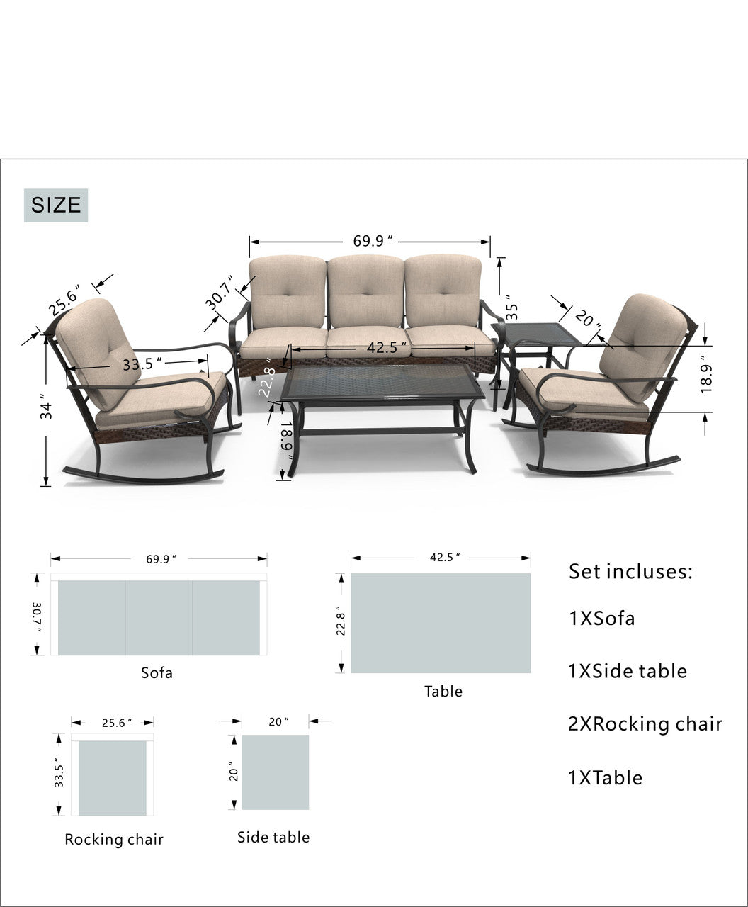Elegant Rocking Chair and Three-Seater Sofa Set – Paired with Functional Side Table and Coffee Table for a Perfect Home Experience PAS-2025-Set
