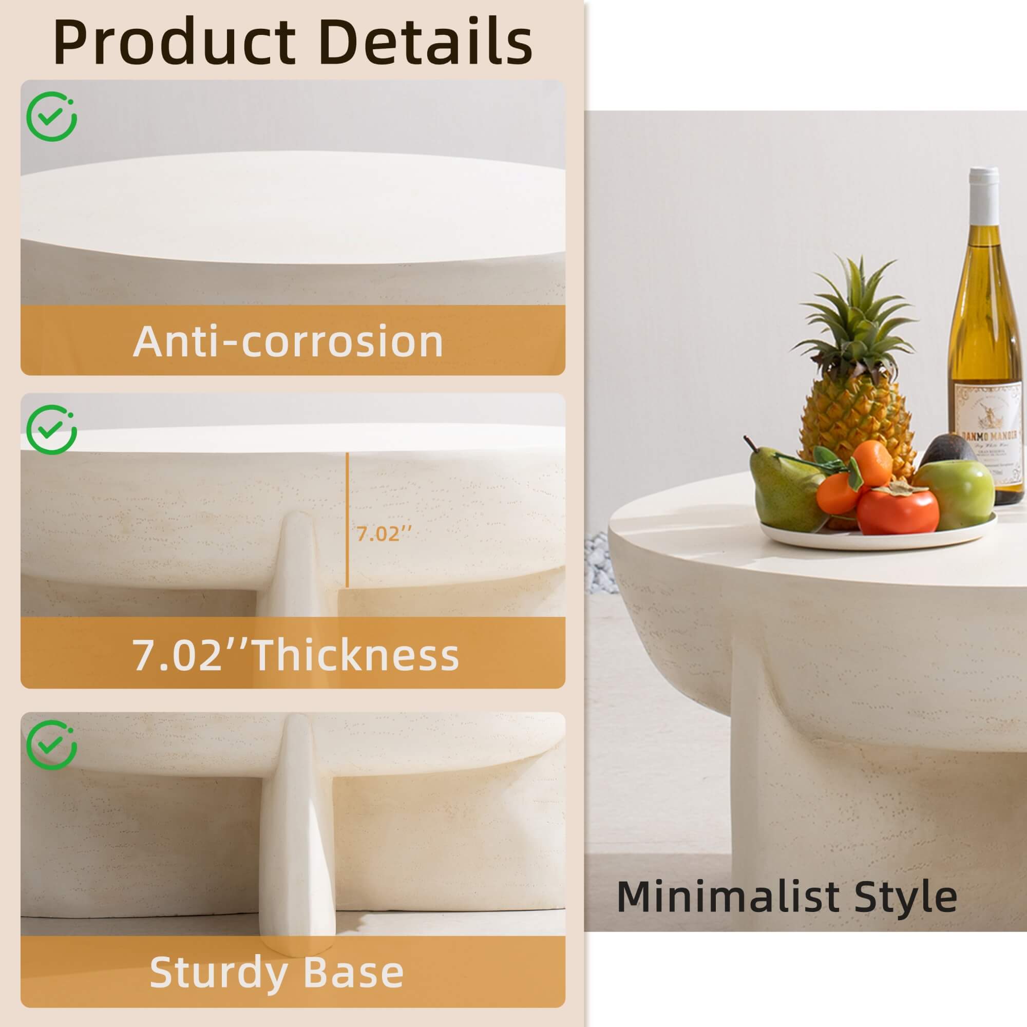 Magnesium Oxide Round Coffee Table – Cream Color with Adjustable Knob&Rain Cover