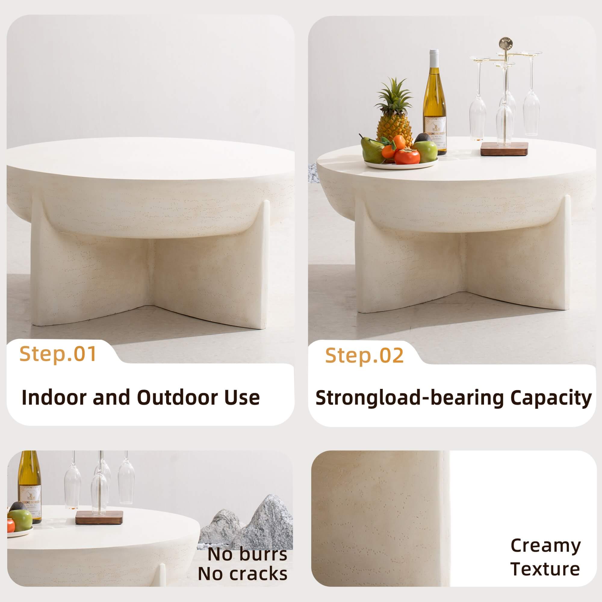 Magnesium Oxide Round Coffee Table – Cream Color with Adjustable Knob&Rain Cover