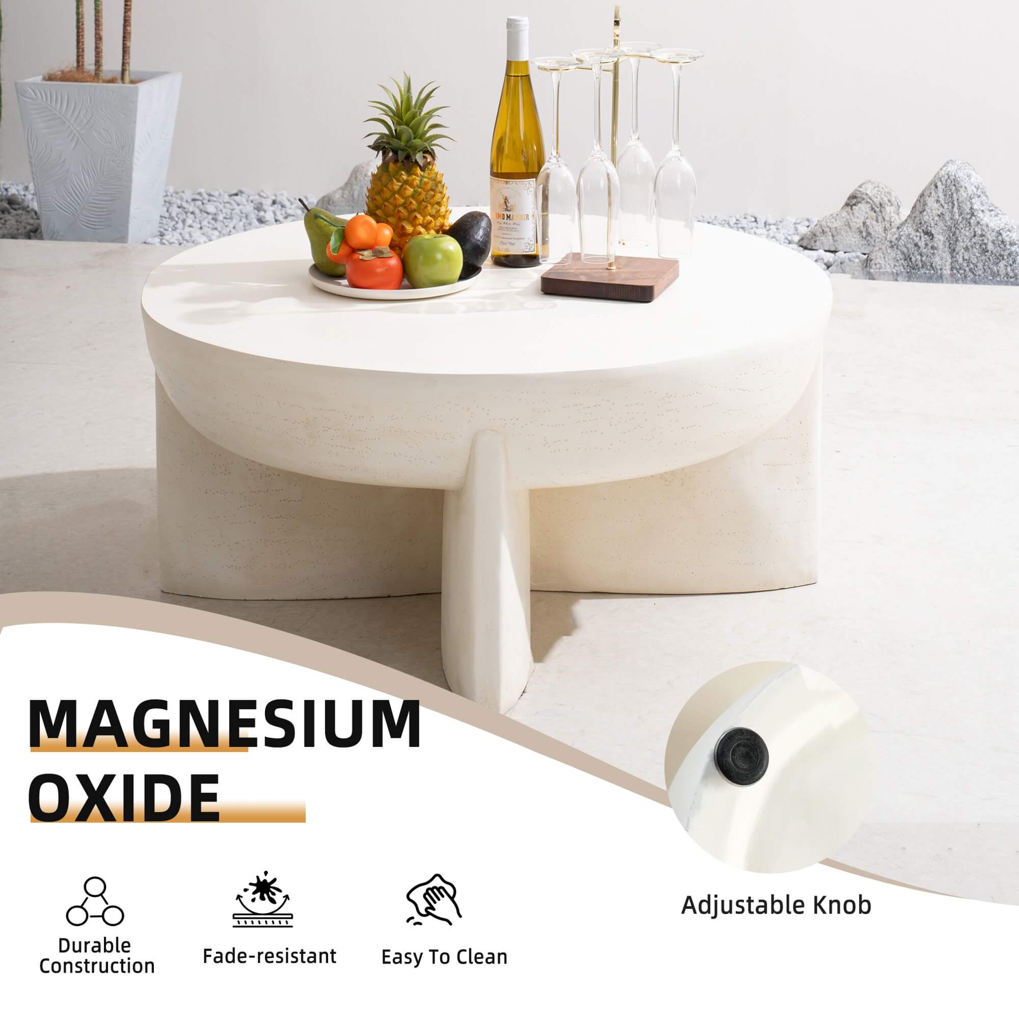 Magnesium Oxide Round Coffee Table – Cream Color with Adjustable Knob&Rain Cover