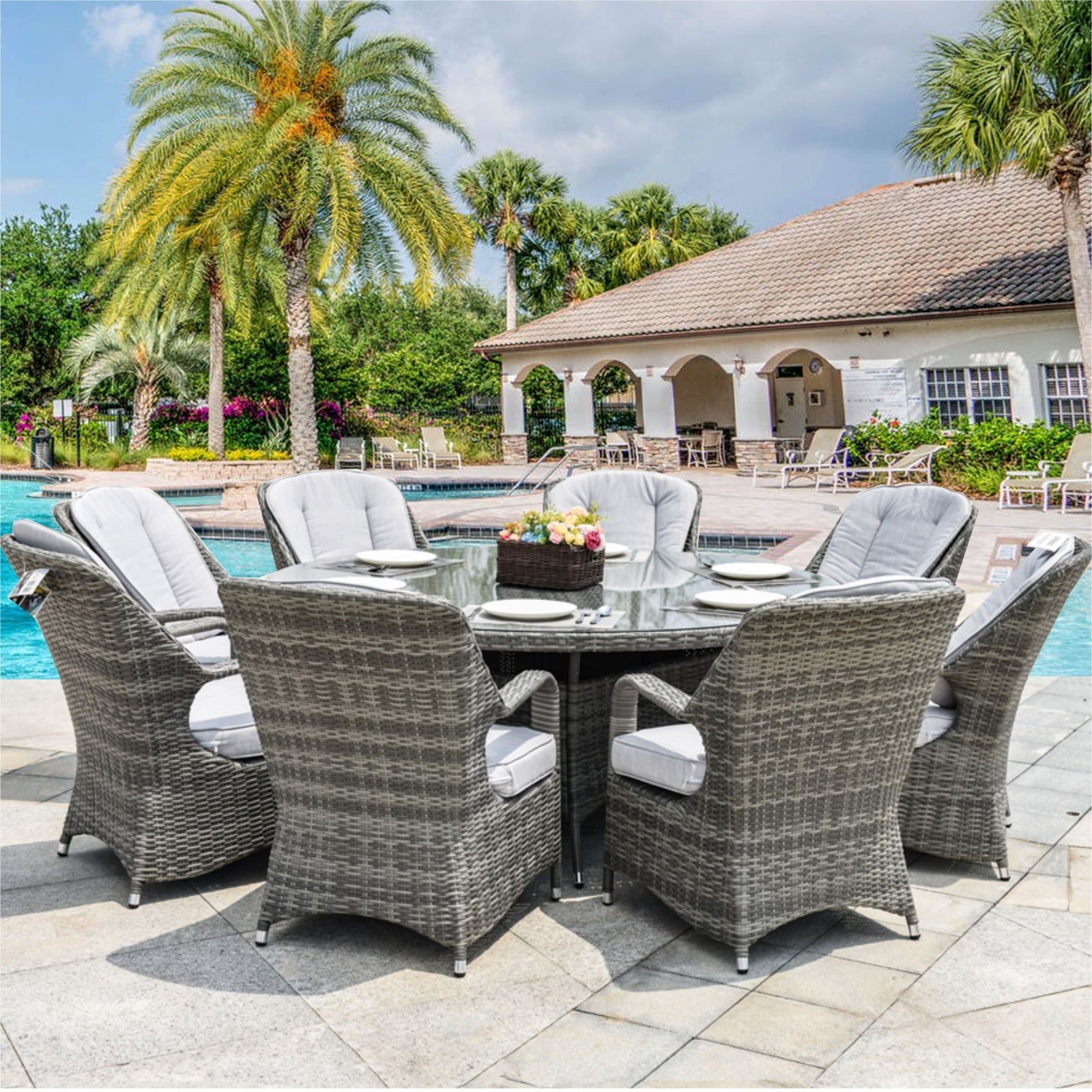 Parma 8-Seat Outdoor Dining Set - Round Dining Table (PAD-1714)