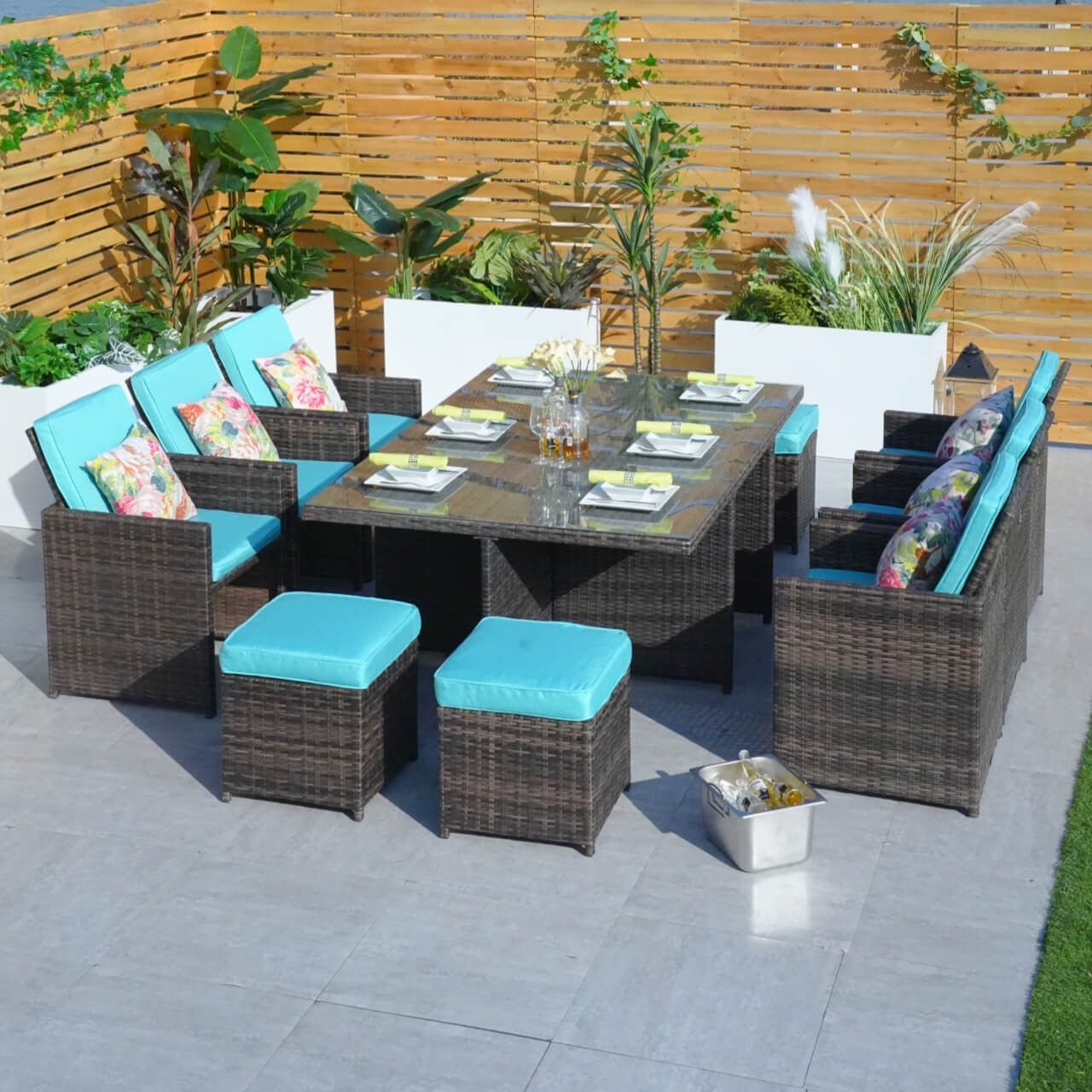 6 Seats Patio Dining Set with Blue Covers