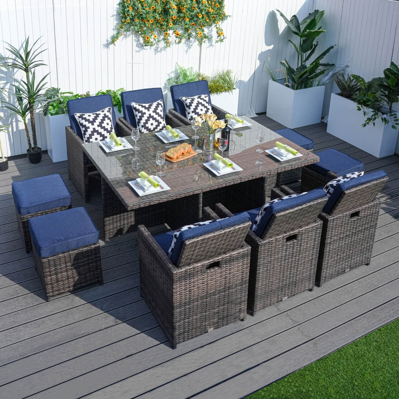 6 Seats Patio Dining Set with Blue Covers