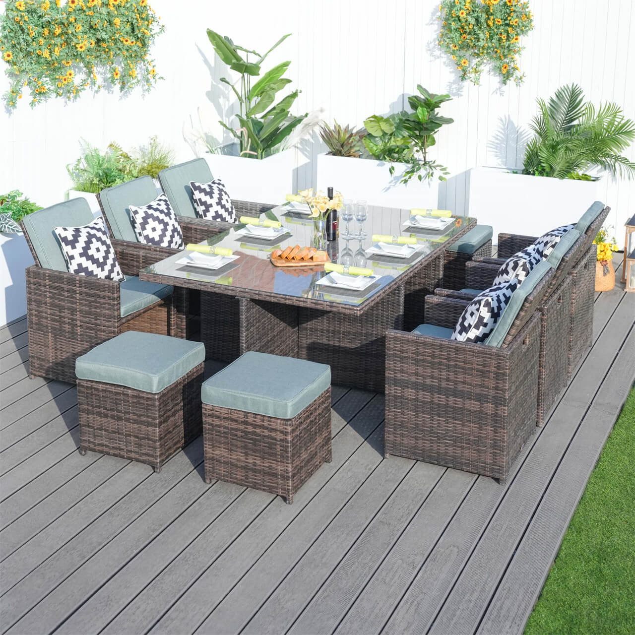 6 Seats Patio Dining Set with Celadon Covers