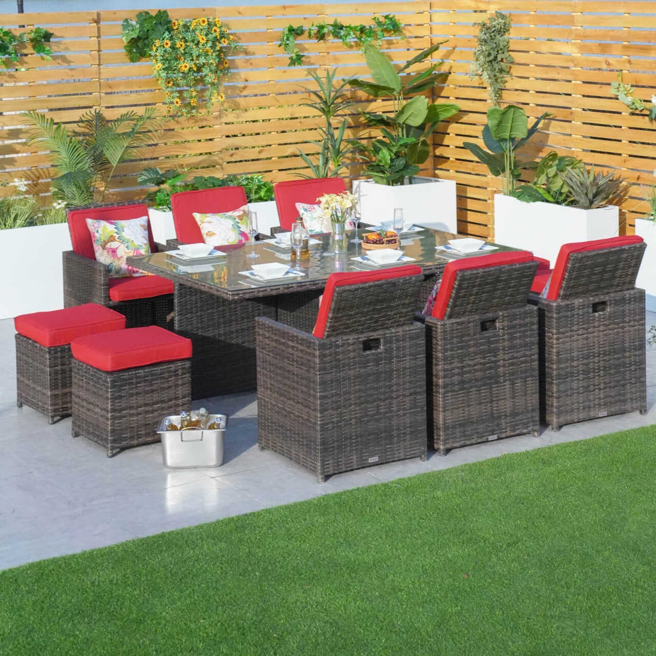 6 Seats Patio Dining Set with Red Covers