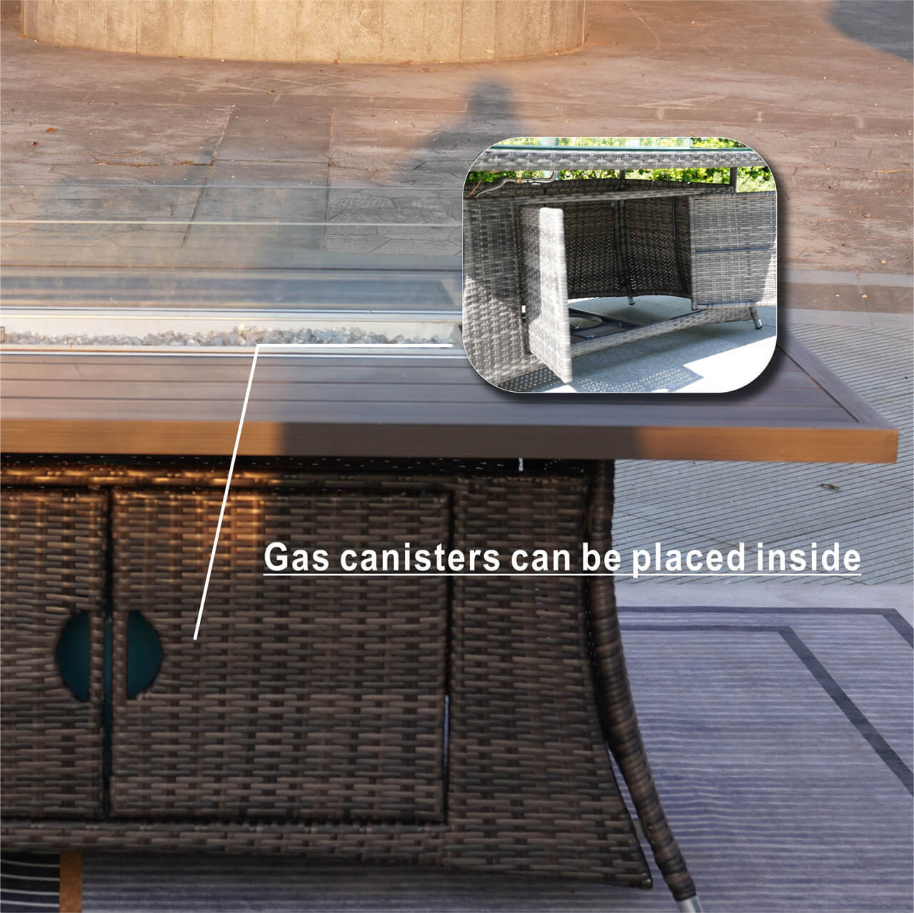 Details of Patio Fire Pit Set 6 Seats Rectangular Aluminum Table with Chairs 