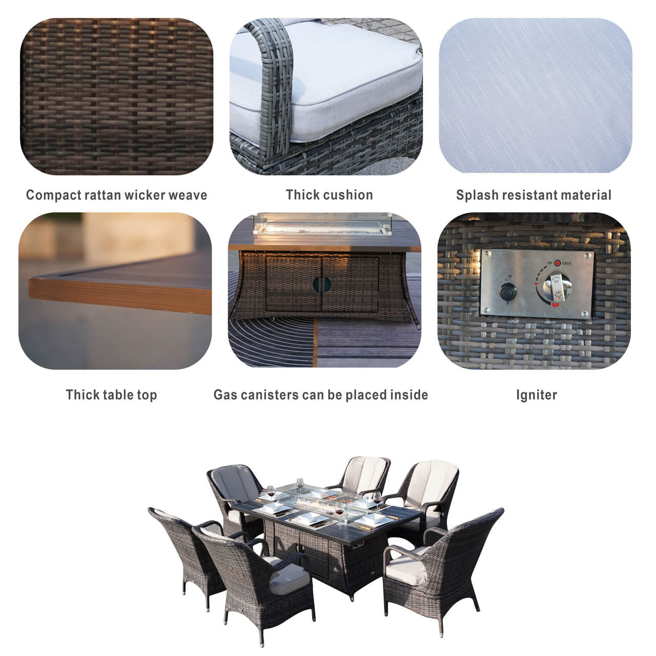 Details of Patio Fire Pit Set 6 Seats Rectangular Aluminum Table with Chairs 