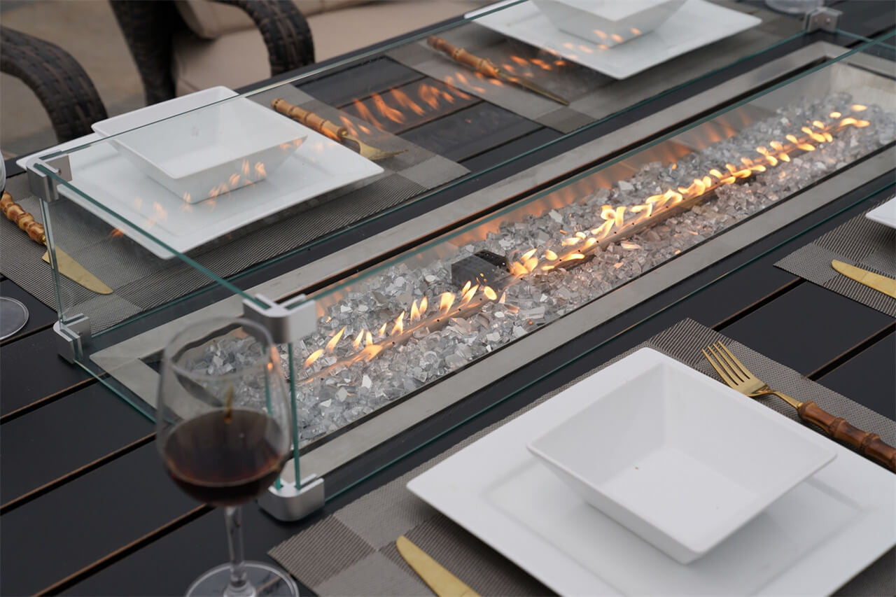 Details of Patio Fire Pit Set 6 Seats Rectangular Aluminum Table with Chairs 