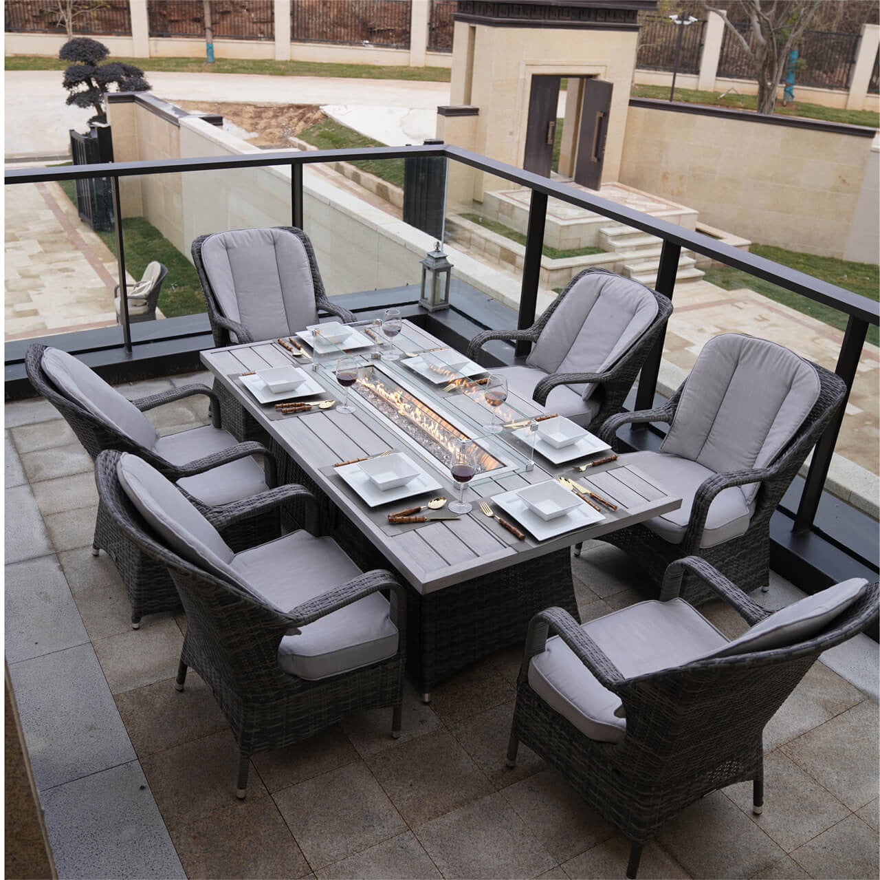 6 Seats Gray Rectangular Aluminum Table with Chairs