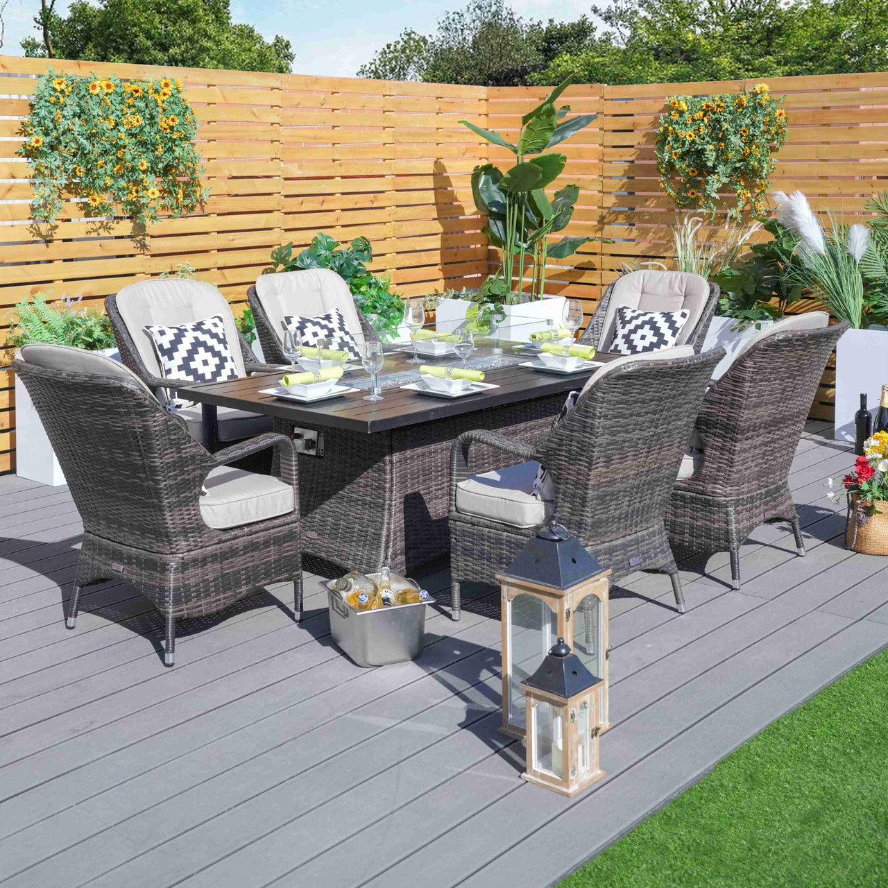 Patio Fire Pit Set 6 Seats Brown Rectangular Aluminum Table with Chairs 