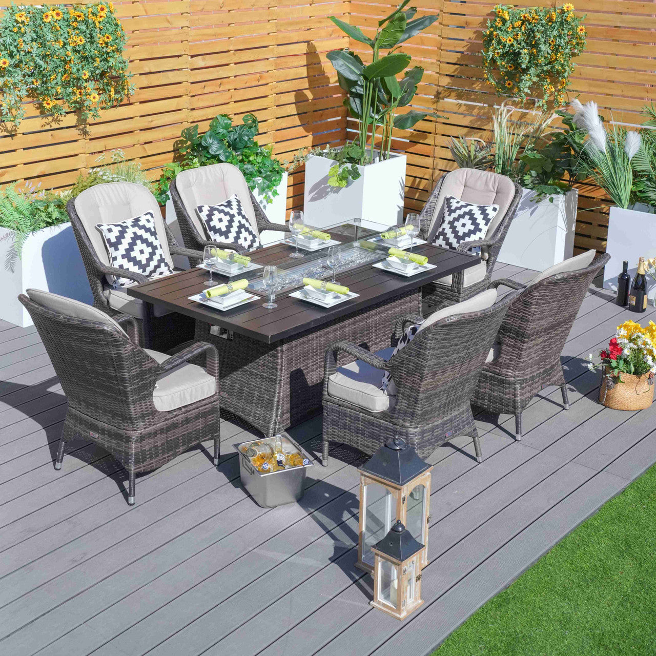 Patio Fire Pit Set 6 Seats Brown Rectangular Aluminum Table with Chairs 