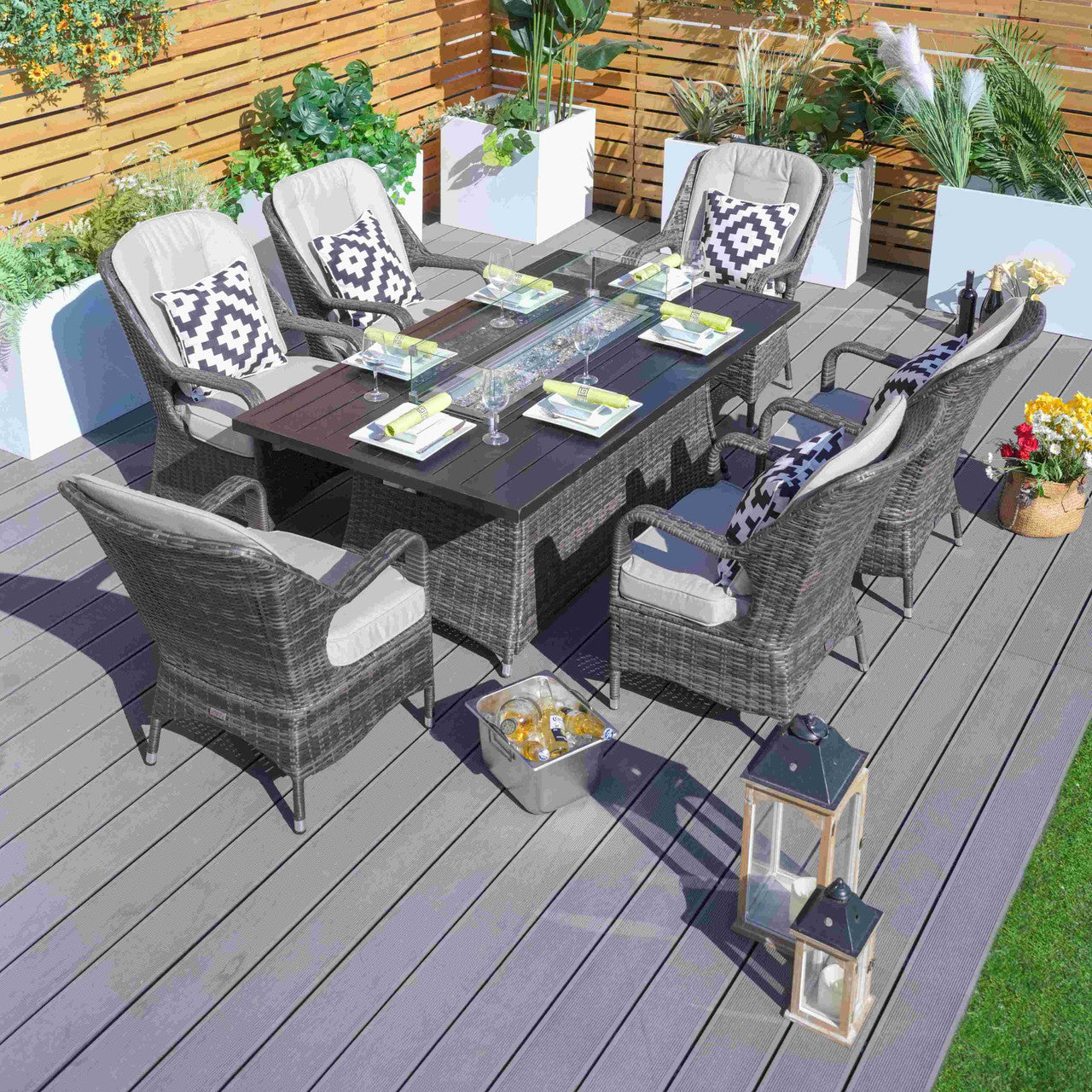 Patio Fire Pit Set 6 Seats Brown Rectangular Aluminum Table with Chairs 