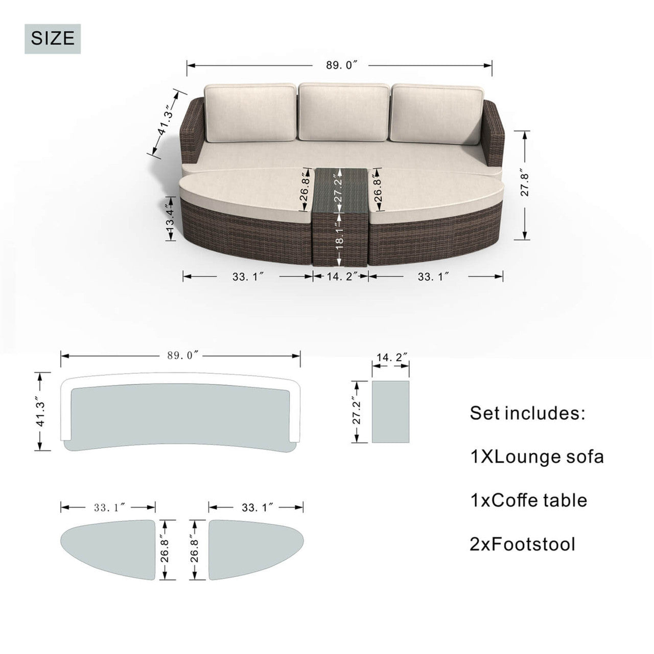 Size of Patio Furniture Outdoor Sectional Sofa Set Rattan Daybed