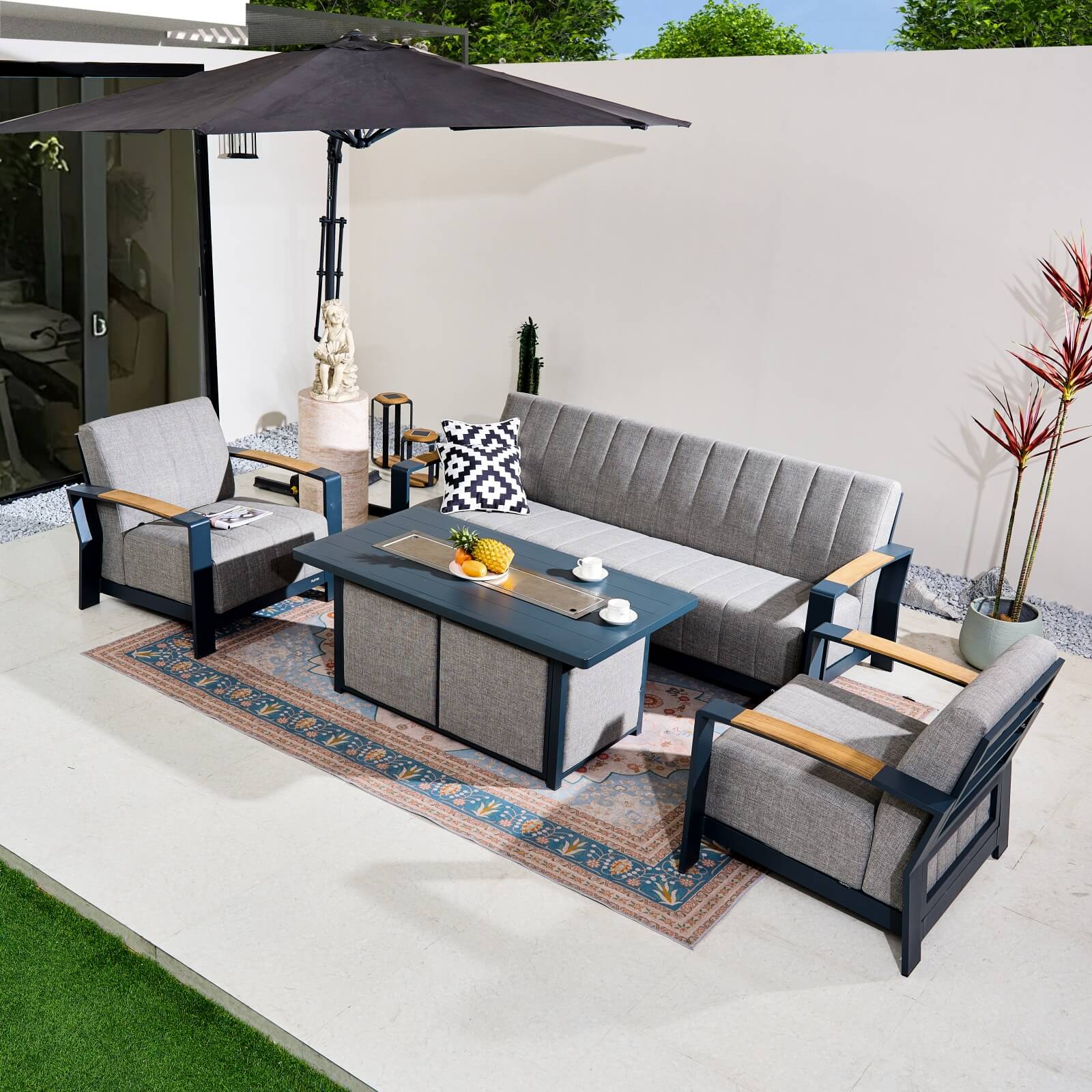 Pre-Order Numa-Style Lunar 5-Seat Sofa Set with Gas Firepit Table with Teak Accents