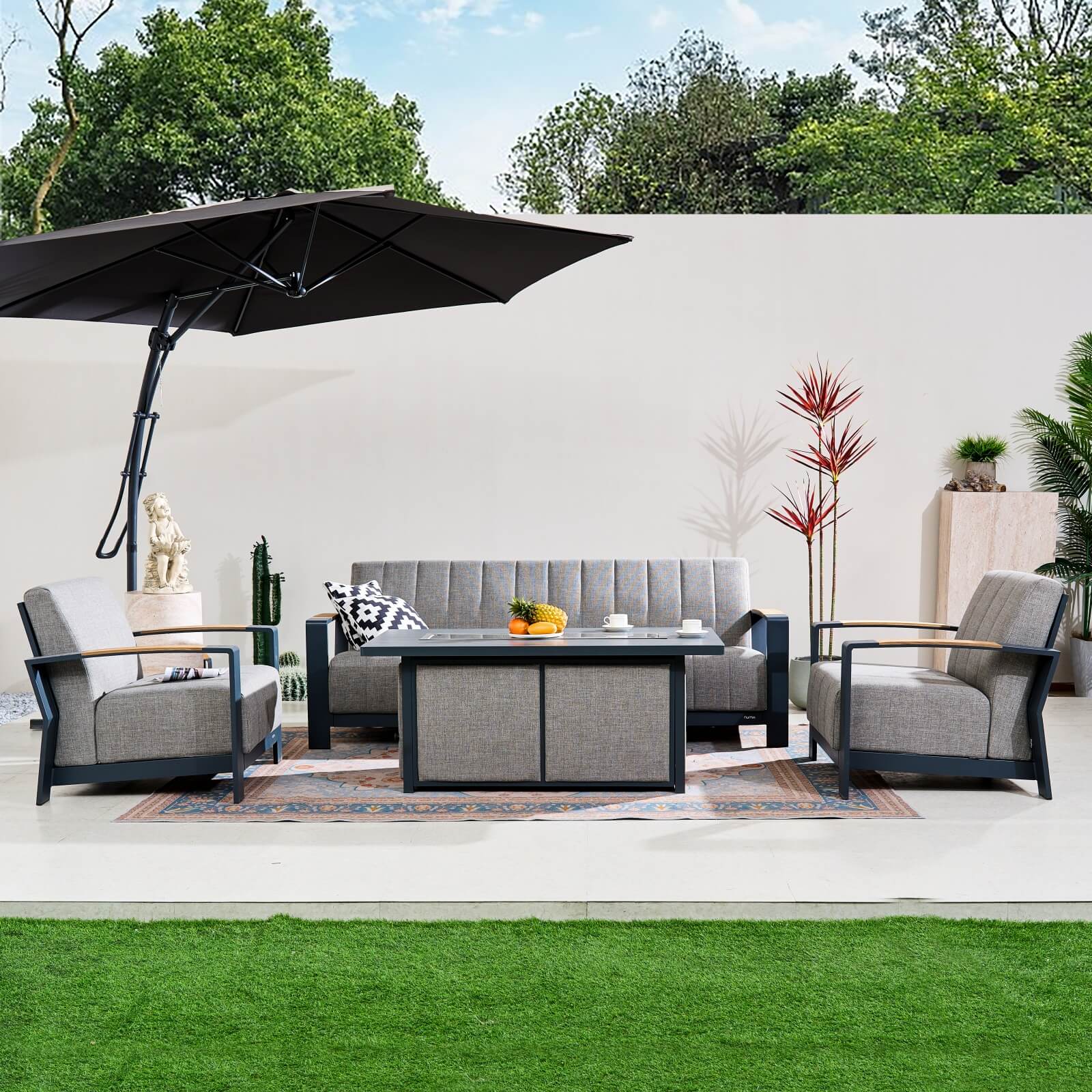 Pre-Order Numa-Style Lunar 5-Seat Sofa Set with Gas Firepit Table with Teak Accents