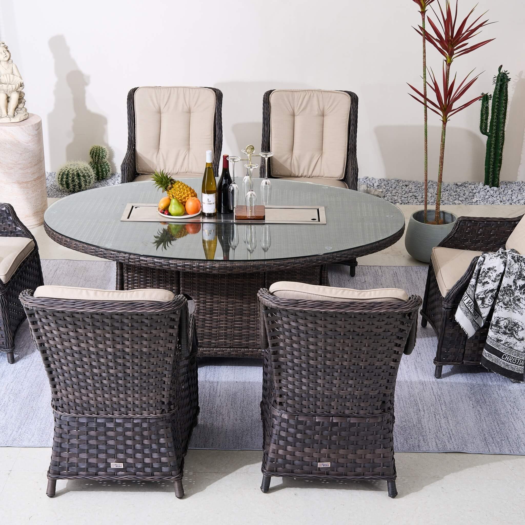 Ravenna 6-Seat Outdoor Patio Dining Set with Oval Propane Fire Pit Table (PAG-1106O+010)