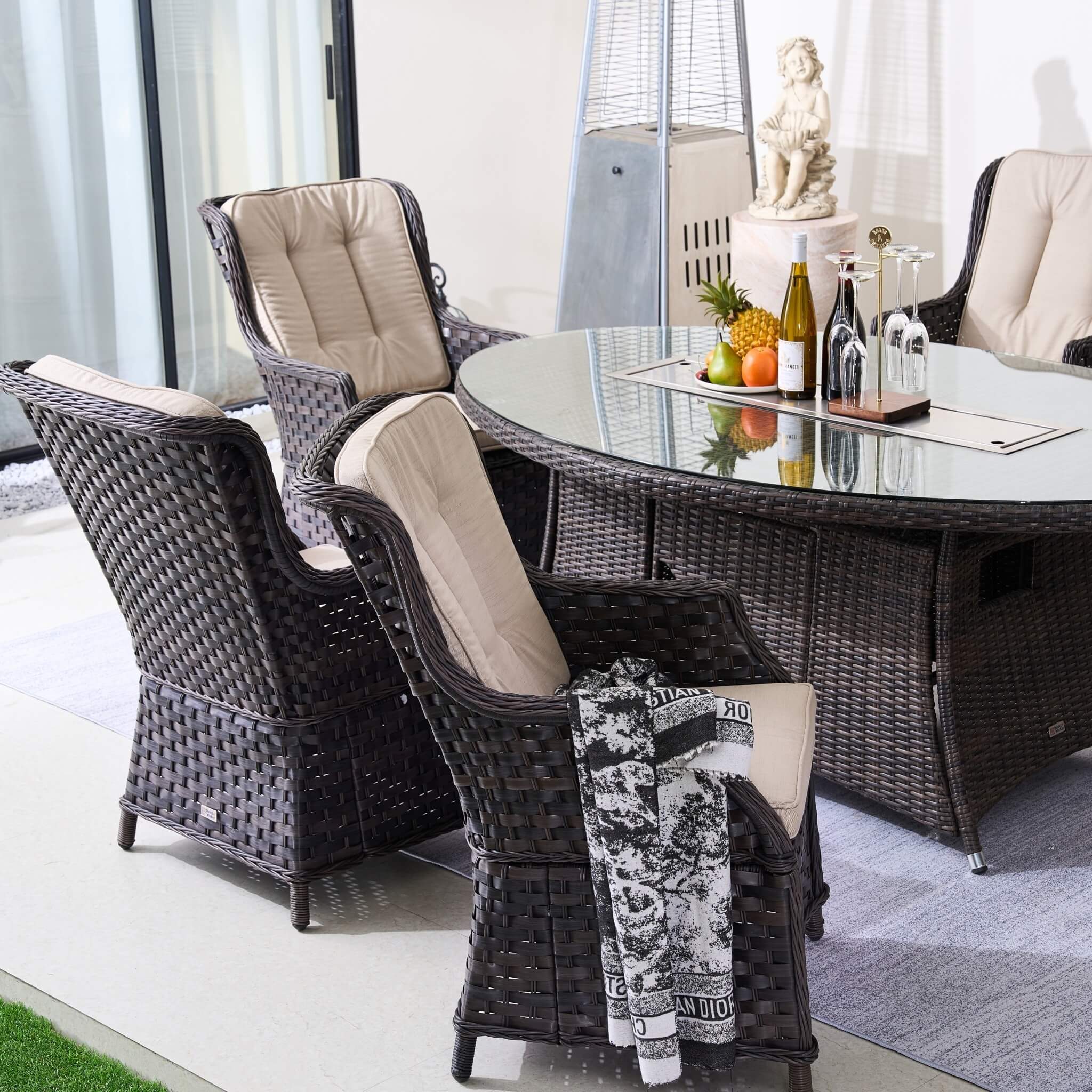 Ravenna 6-Seat Outdoor Patio Dining Set with Oval Propane Fire Pit Table (PAG-1106O+010)
