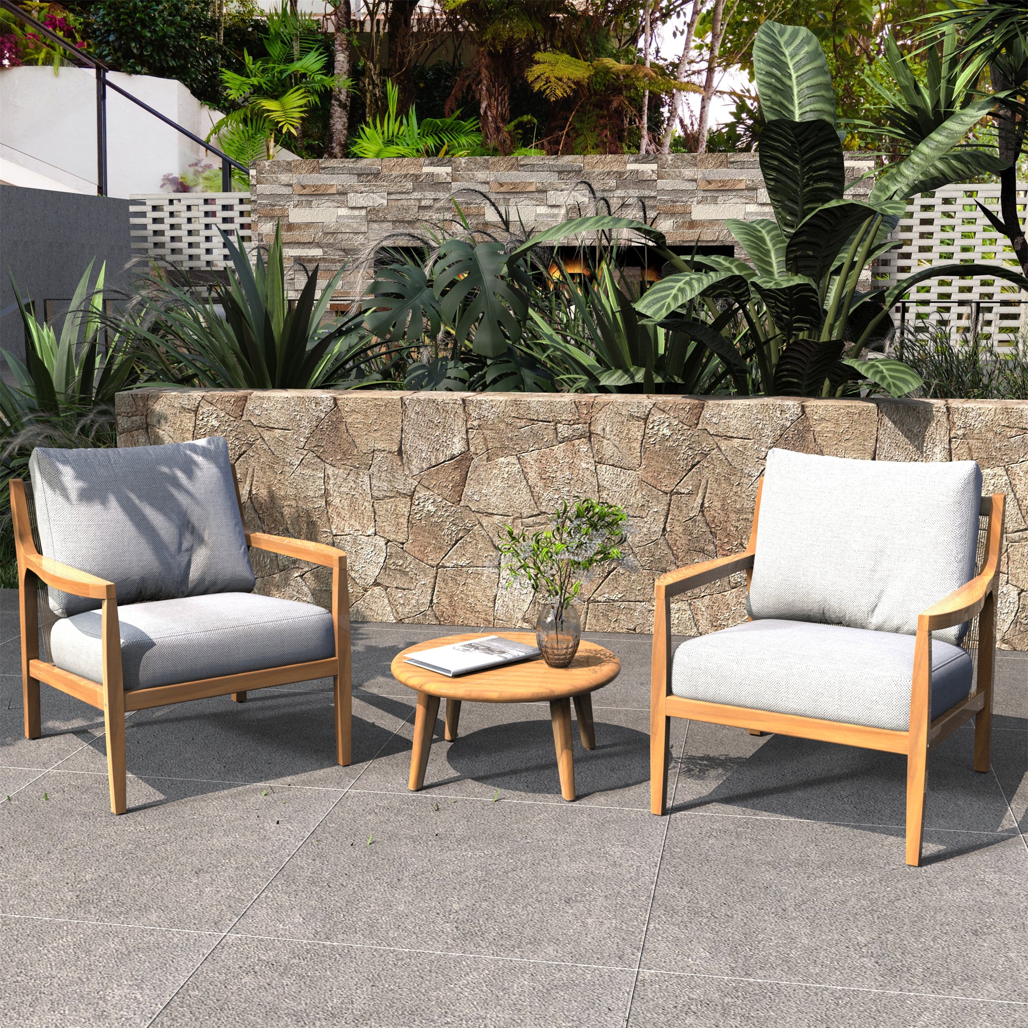 Rebel 2-Seat Wood Patio Conversation Set with Side Table (PAS-2513-SC*2+ST)