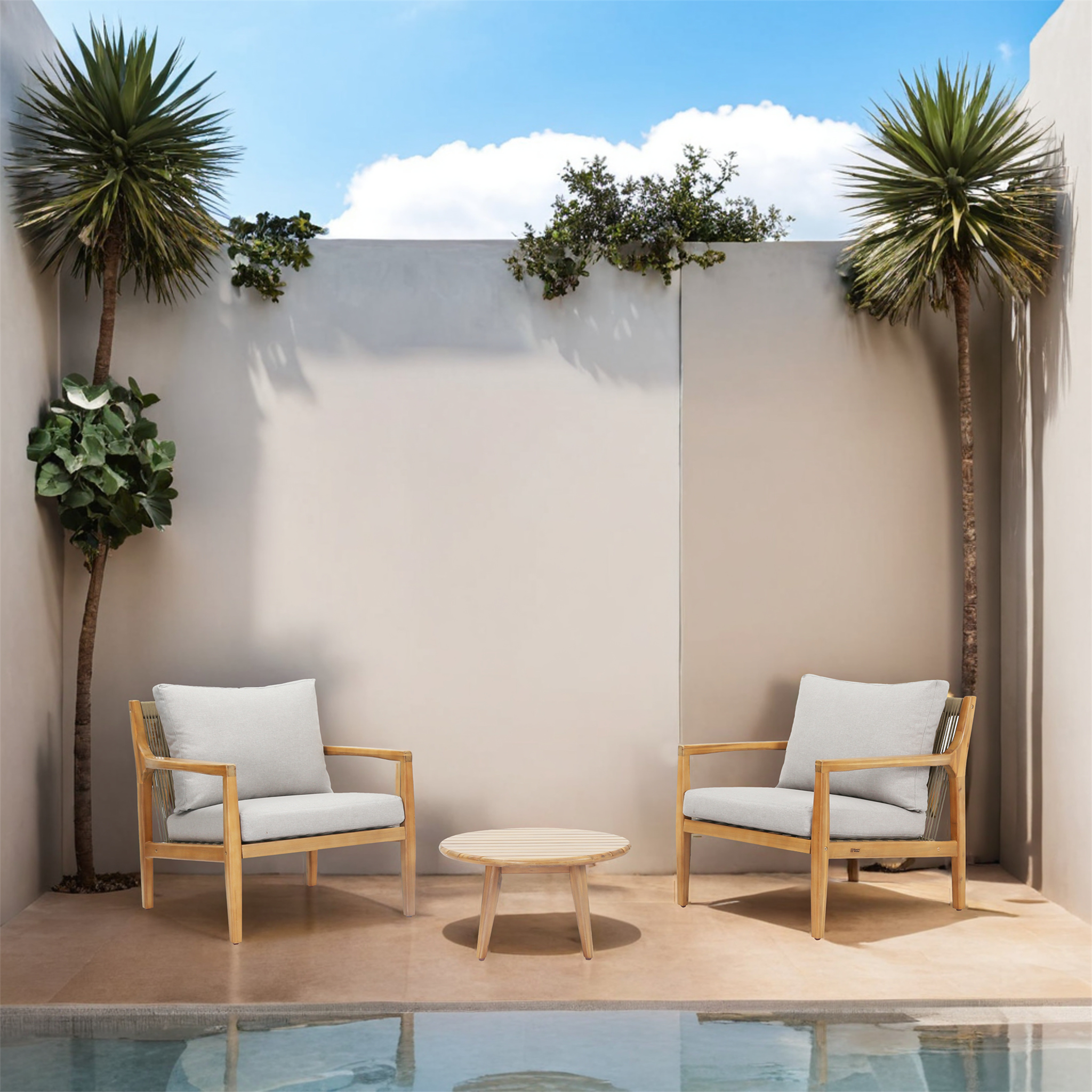 Rebel 2-Seat Wood Patio Conversation Set with Side Table (PAS-2513-SC*2+ST)