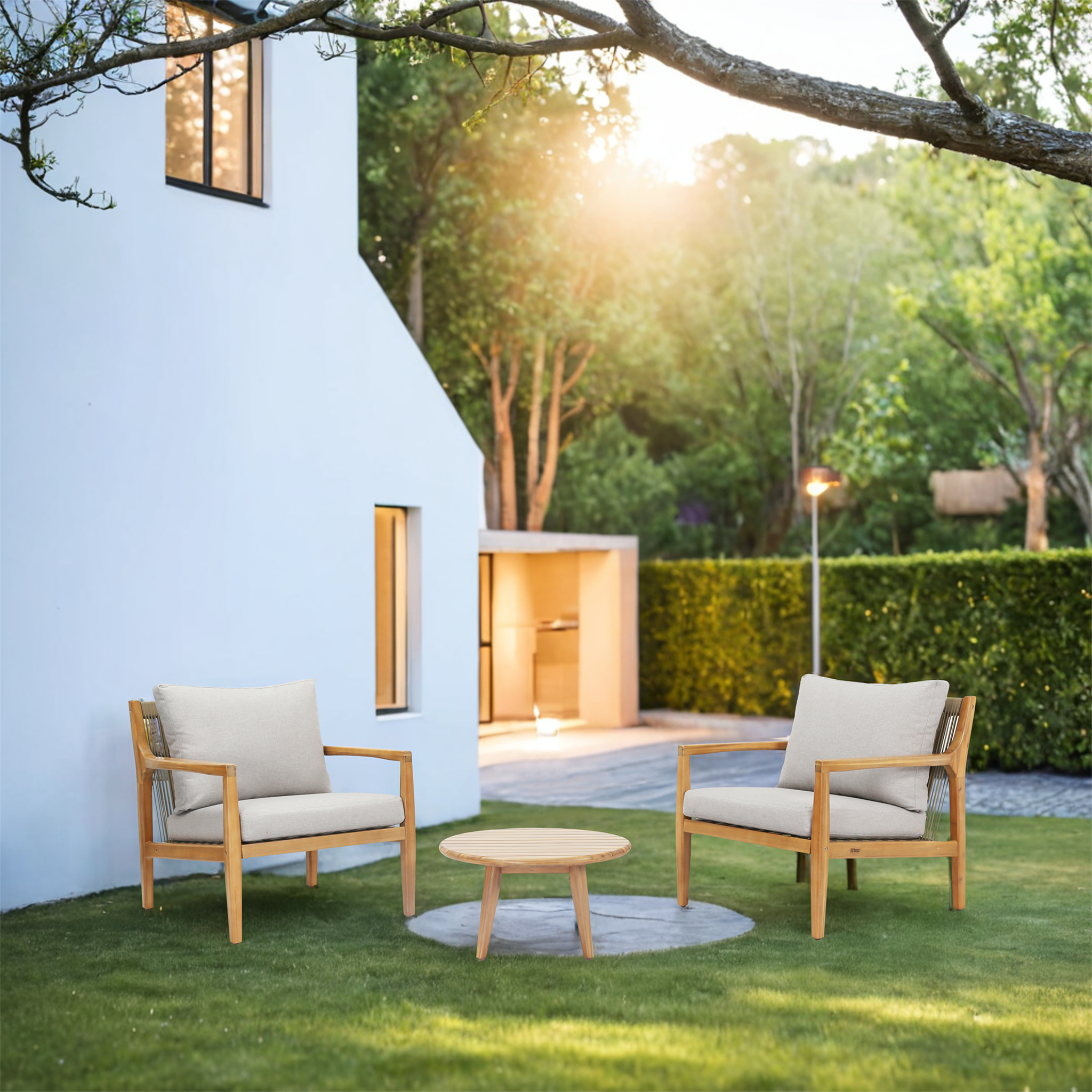 Rebel 2-Seat Wood Patio Conversation Set with Side Table (PAS-2513-SC*2+ST)