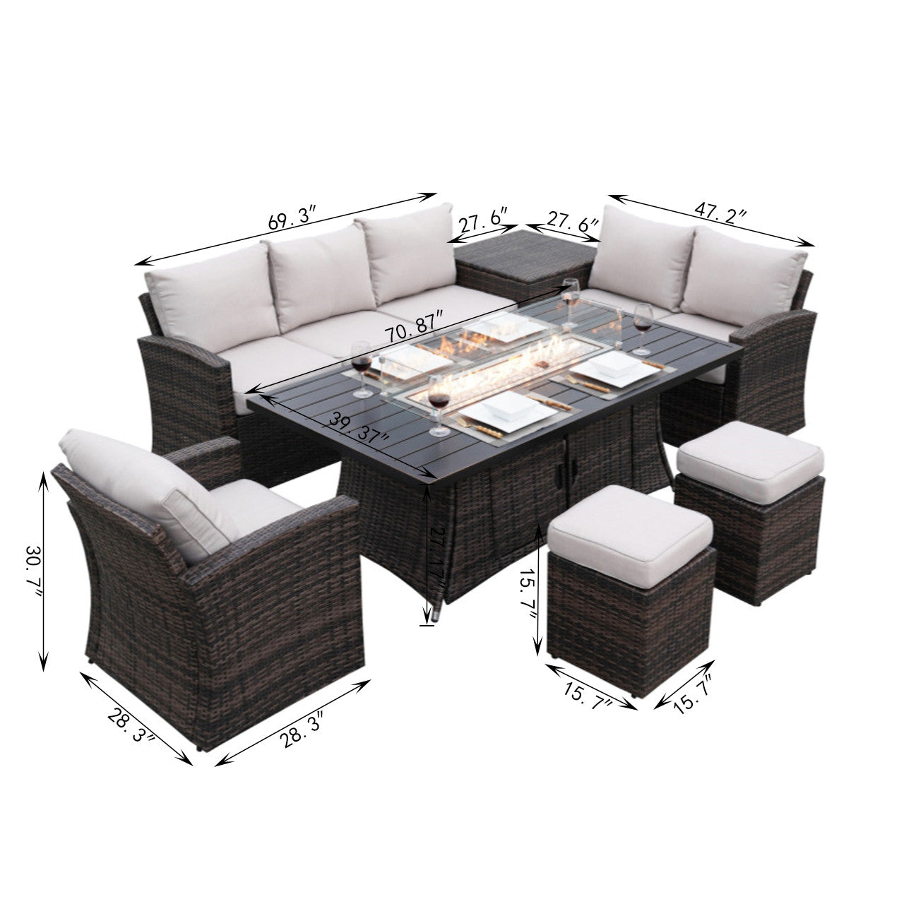 Size of 7-Piece Direct Wicker Patio Seating Rectangle Firepit Table Sofa Set