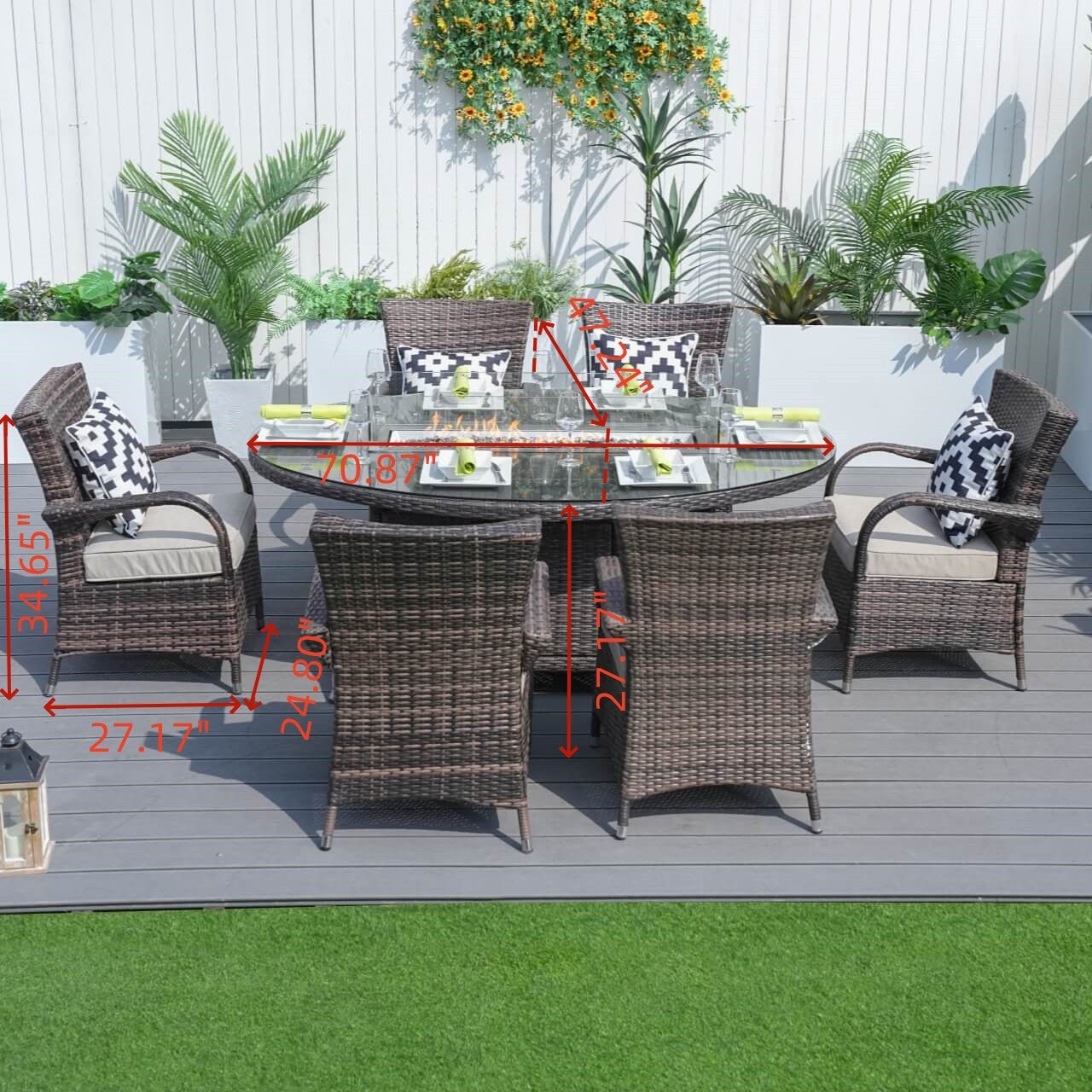 Size of Elegant Outdoor Patio Furniture Set - Brown Wicker Oval Fire Pit Table with 6 Seats PAG-1106O-Set