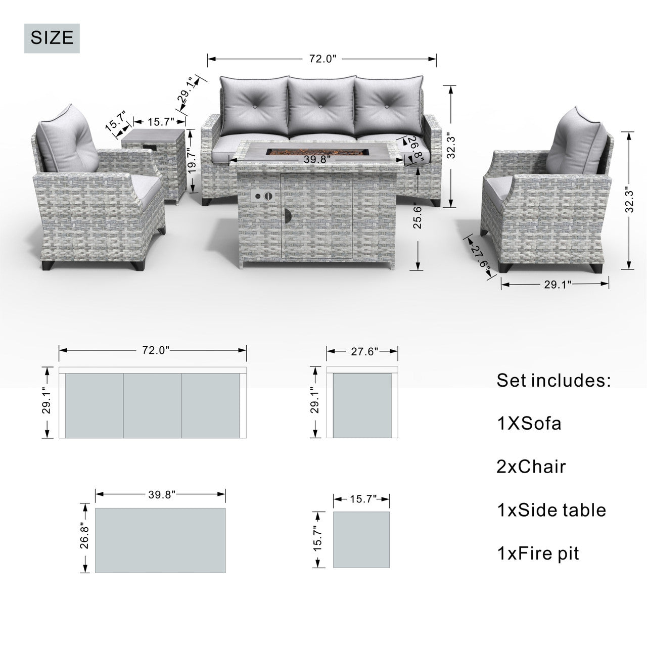 Size of 5 Seats Gray Patio Sofa Set with High Fire Pit Table 